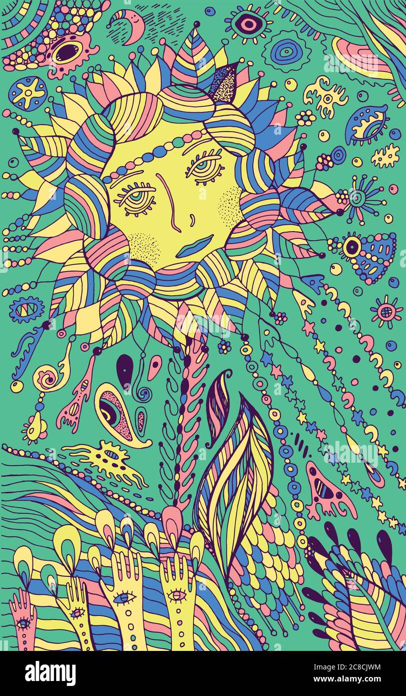 Fleur femme - psychédélique coloré art surréaliste fantaisie doodle Illustration de Vecteur