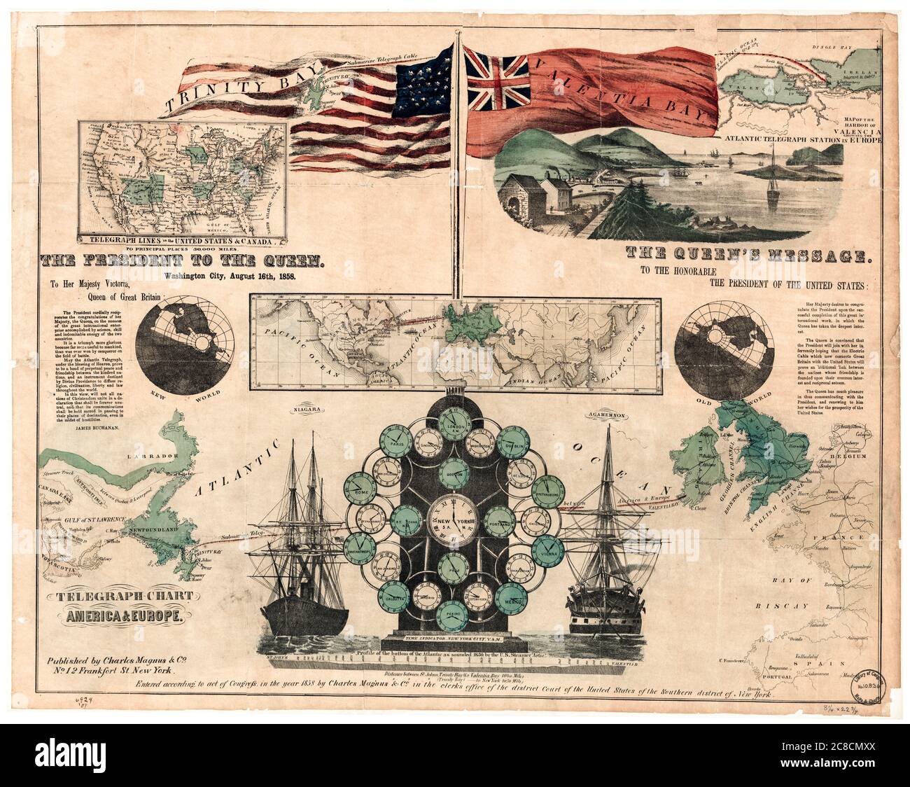 Infographie vintage montrant le parcours du premier câble télégraphique transatlantique sous-marin traversant l'océan Atlantique, par Charles Magnus & Co, 16 août 1858 Banque D'Images