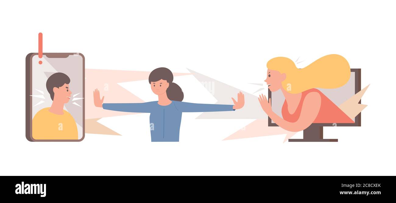 Arrêtez de diffuser le canular et les fausses nouvelles illustration de l'écran plat de vecteur. Une jeune femme qui tente d'empêcher les gens, les hommes et les femmes de raconter de fausses nouvelles à la télévision et sur Internet. Information bruit, vérifier concept d'actualités. Illustration de Vecteur