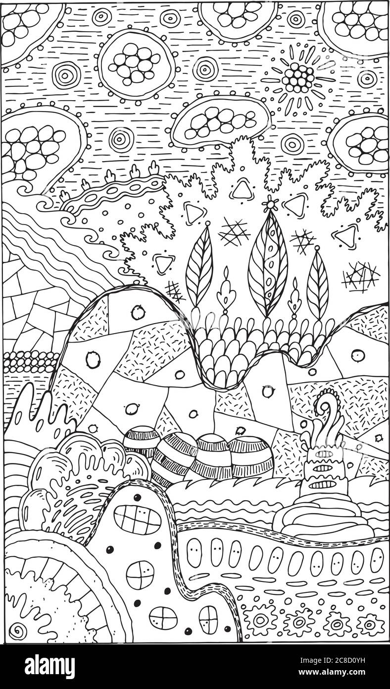 Paysage de fantaisie avec maisons surréalistes et arbres. Page de coloriage fantastique psychédélique pour adultes. Illustration vectorielle Illustration de Vecteur