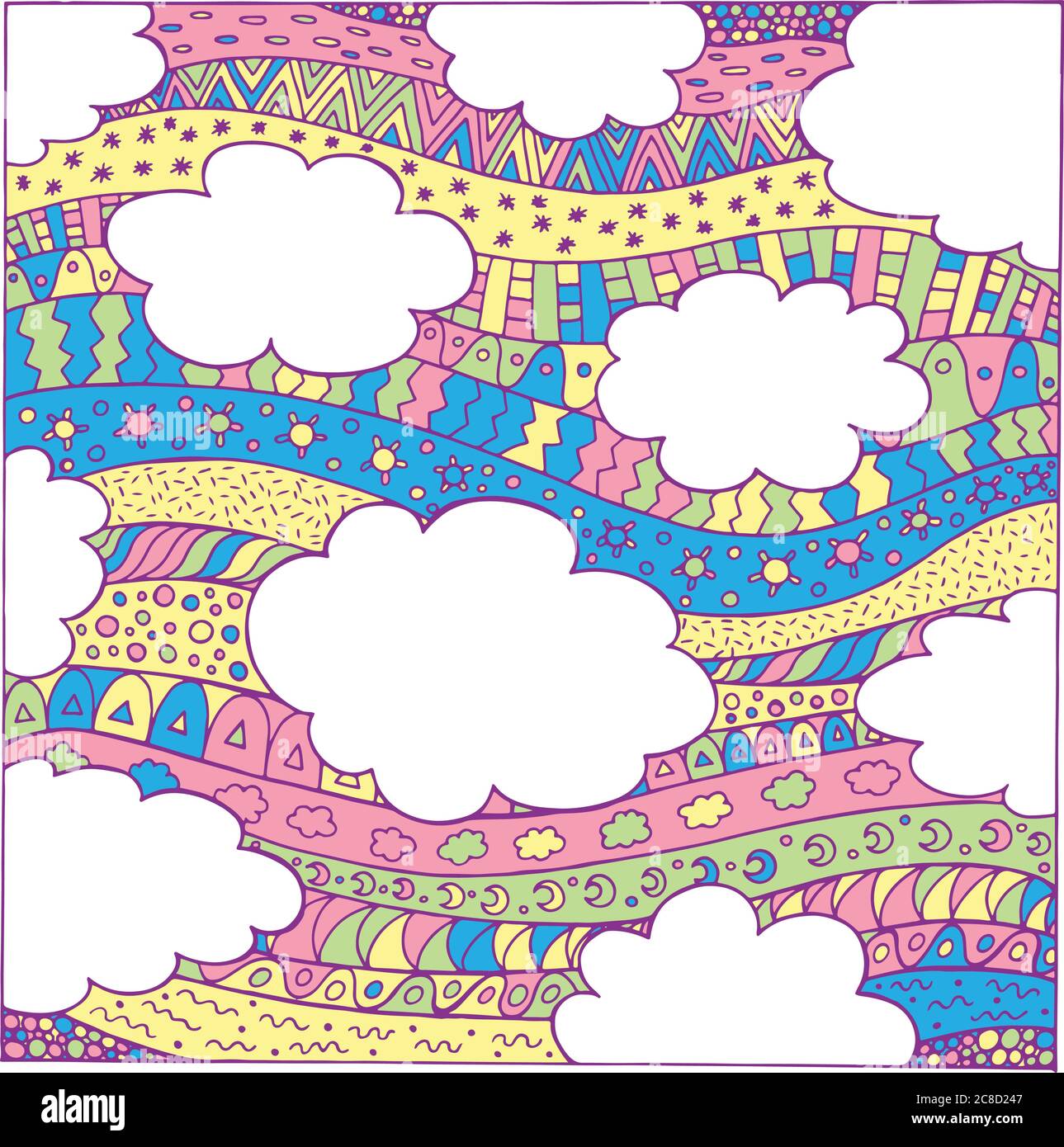 Ciel et nuages - illustration colorée. Dessin à la main Doodle Art ...