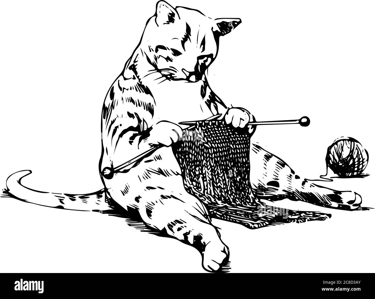 chat assis droit et tricoter une écharpe Illustration de Vecteur