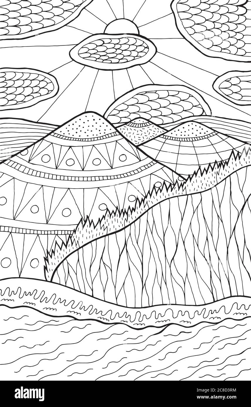 Paysage de dessins animés. Montagnes, rivière, nuages, soleil, forêt. Illustration de ligne d'encre. Illustration vectorielle Illustration de Vecteur