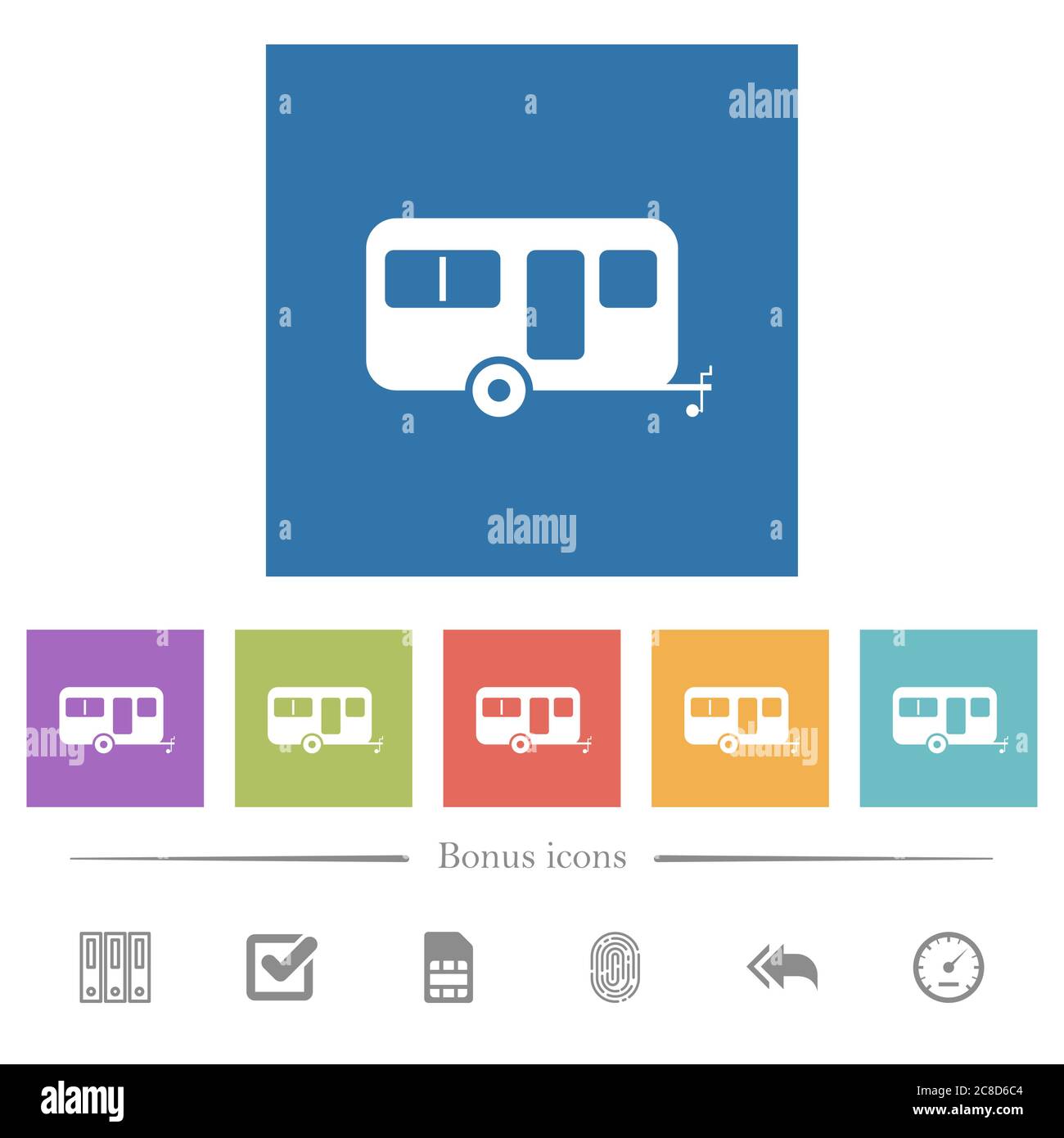 Remorque caravane plate icônes blanches sur fond carré. 6 icônes bonus incluses. Illustration de Vecteur