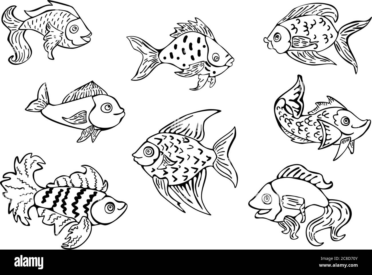 Ensemble vectoriel de poissons noirs et blancs de style rétro. Collection de poissons, illustration vectorielle. Illustration de Vecteur