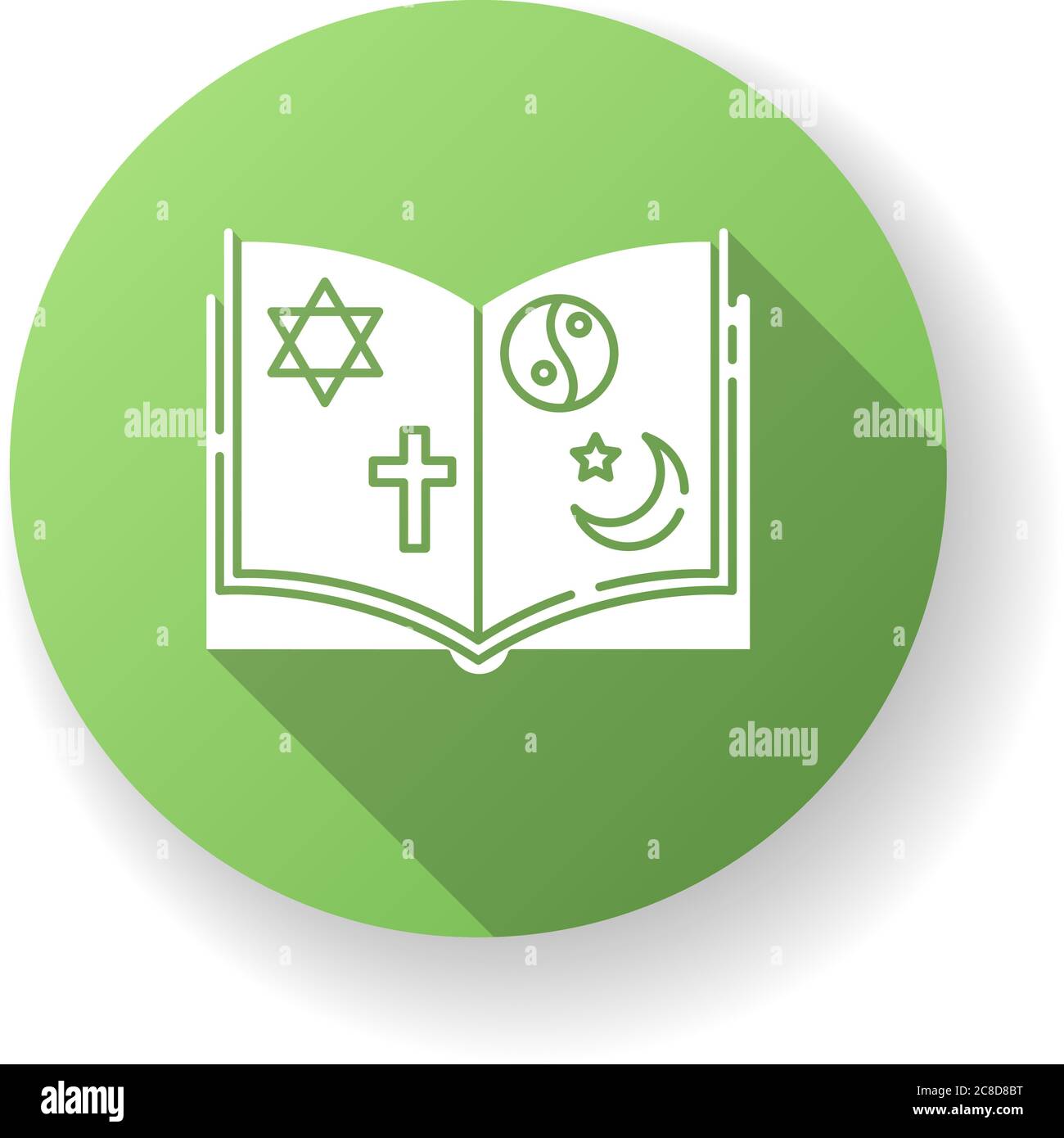 Éducation religieuse vert plat design long ombre glyphe icône. Livre avec les signes du judaïsme, du christianisme, du taoïsme et de l'islam. Sujet de théologie. Étudier les elli Illustration de Vecteur