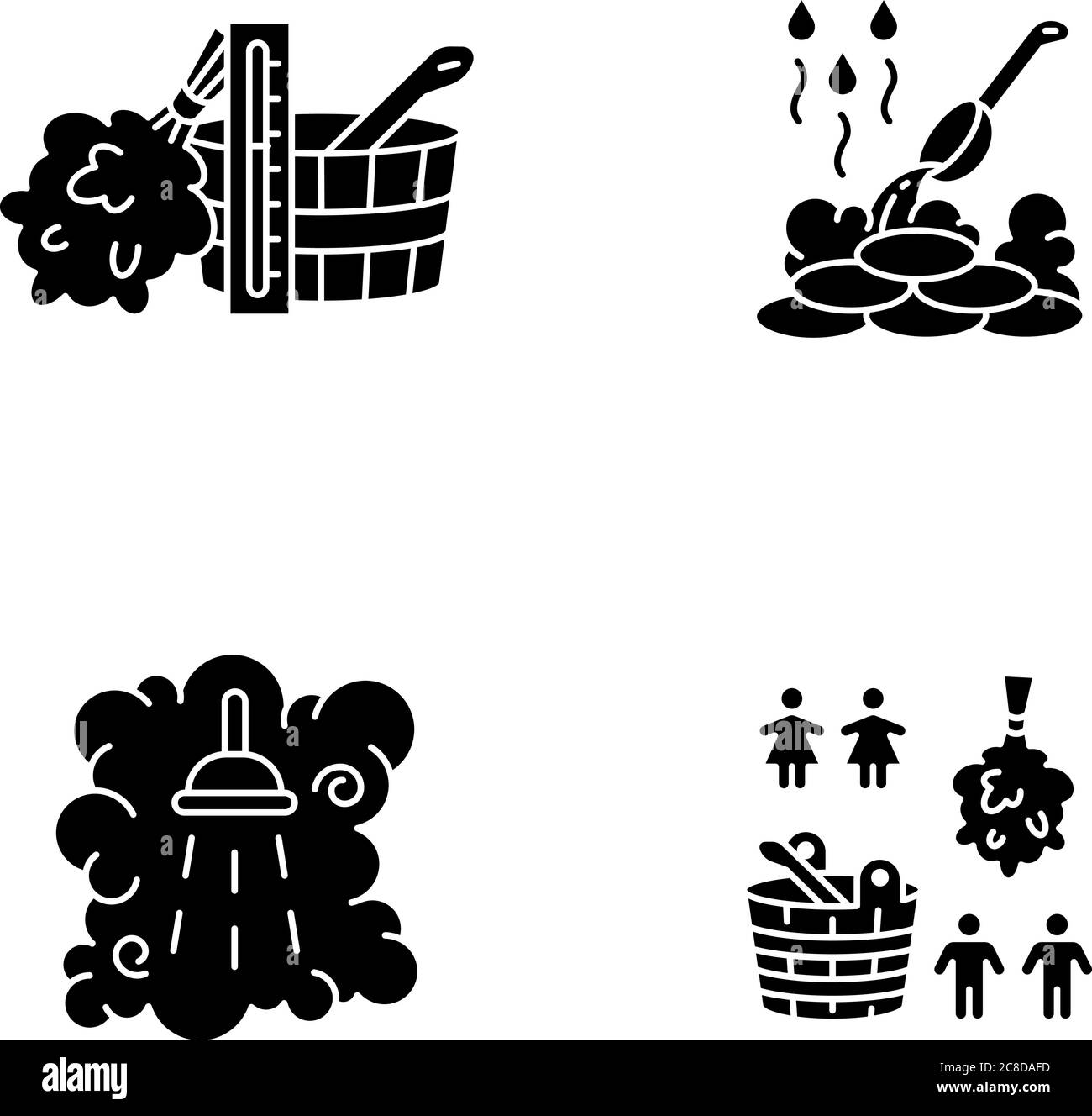 Culture sauna glyphe noir icônes sur l'espace blanc. Accessoires, balais et seaux à eau pour bains finlandais et russes. Douche vapeur, sauna humide silh Illustration de Vecteur