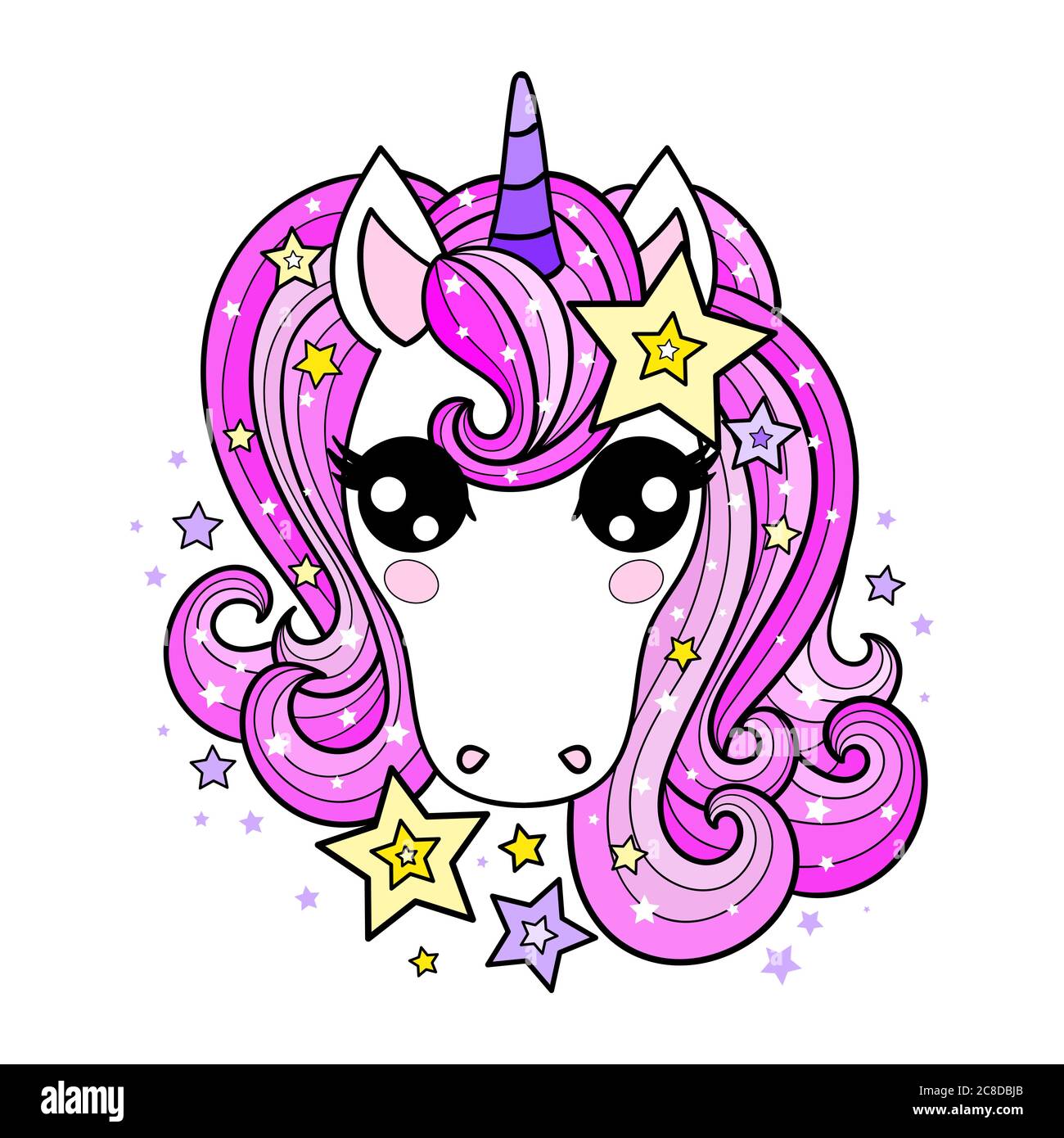 La tête d'une licorne avec une manie rose. Un animal charmant et fantastique. Pour la conception des imprimés, affiches, cartes, autocollants, tatouages, etc. Vector. Pour les enfants Illustration de Vecteur