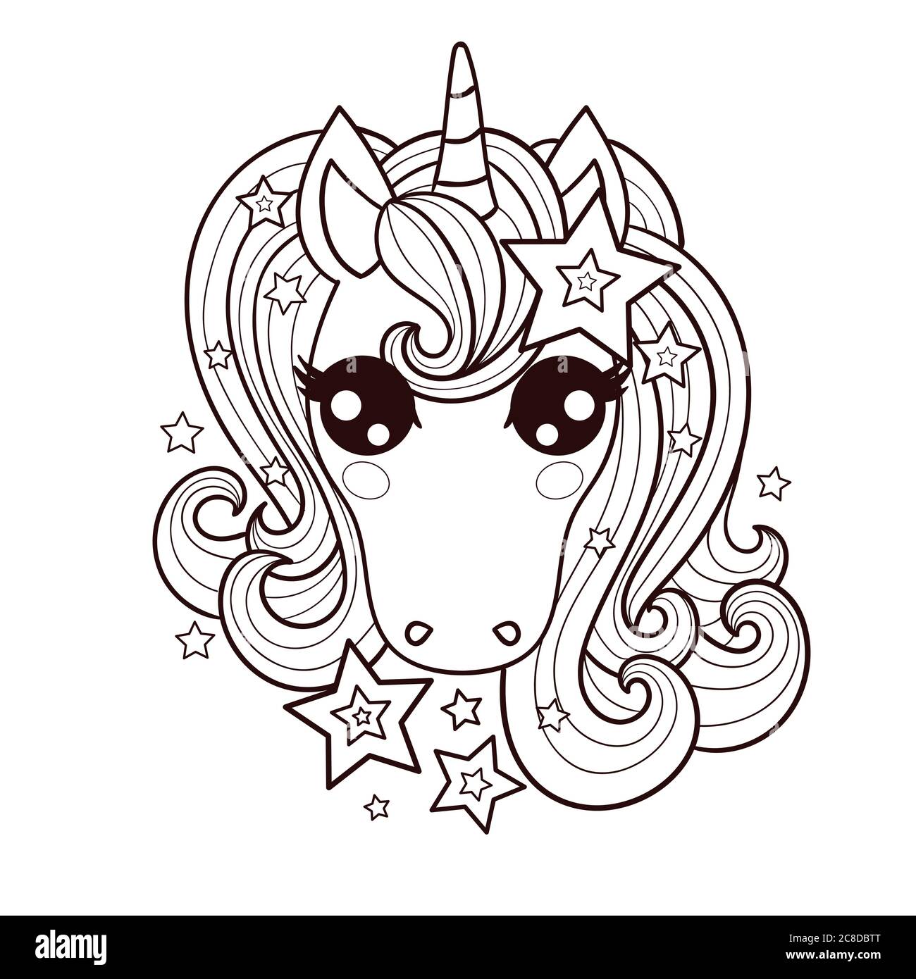 La tête d'une jolie licorne de dessins animés. Image en noir et blanc. Le symbole des rêves. Pour les imprimés, affiches, livres à colorier, badges. Bâton Illustration de Vecteur