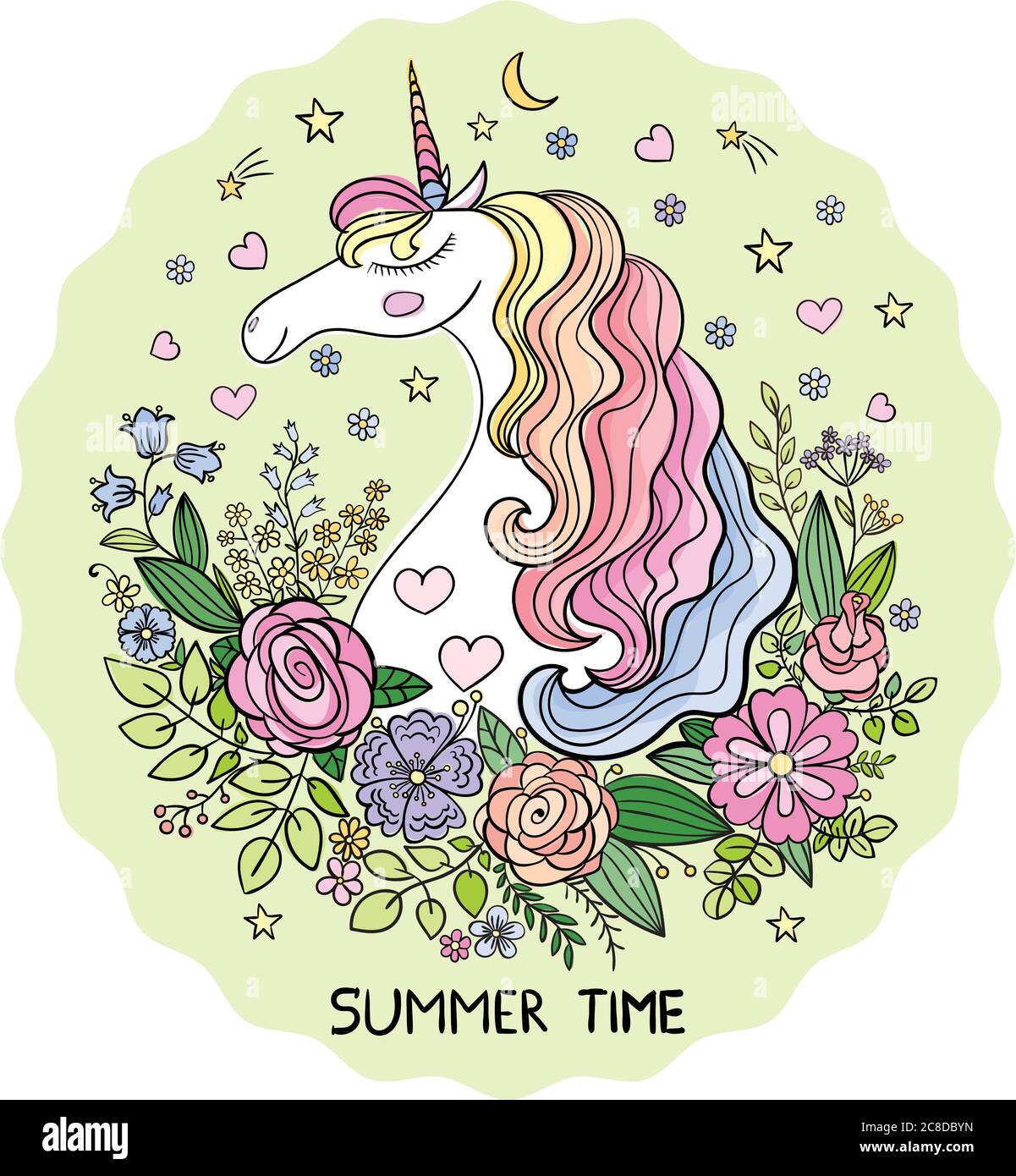 Été blanc licorne tête parmi les fleurs pour des imprimés de conception, des affiches, des cartes postales, etc. Illustration vectorielle Illustration de Vecteur