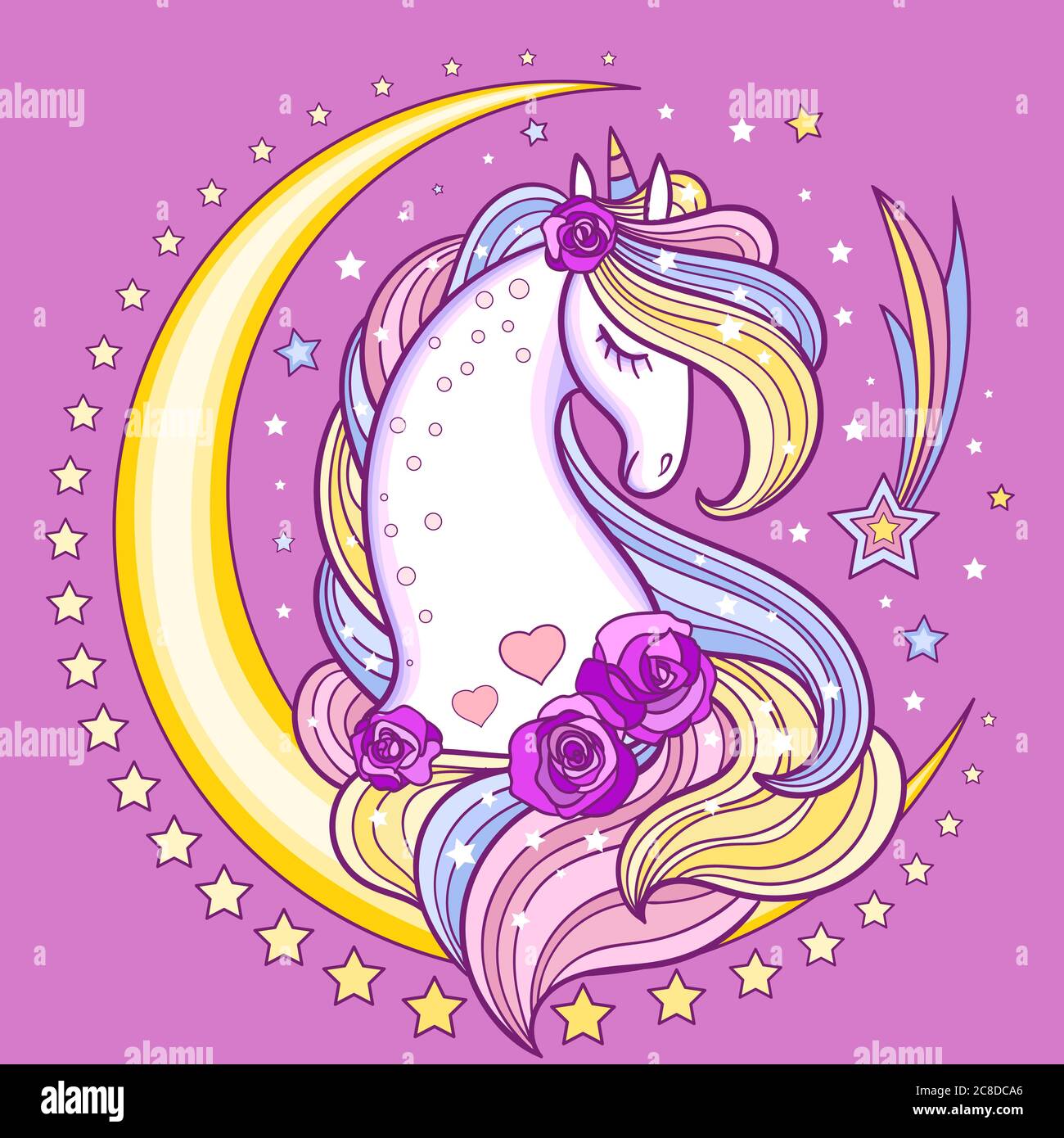 Tête de licorne avec des roses sur un fond de lune. Animal fantaisie. Pour la conception de tirages, affiches, cartes, autocollants, tatouages, badges a Illustration de Vecteur