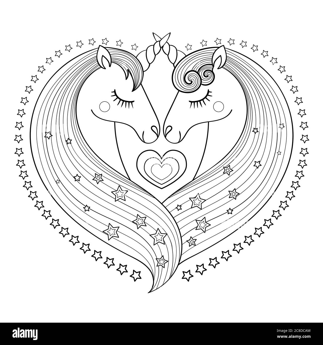 couple de licornes amoureux. . Composition en forme de cœur. Pour la conception de tirages, posters, albums de coloriage, badges, autocollants, emblèmes. Vecteur Illustration de Vecteur