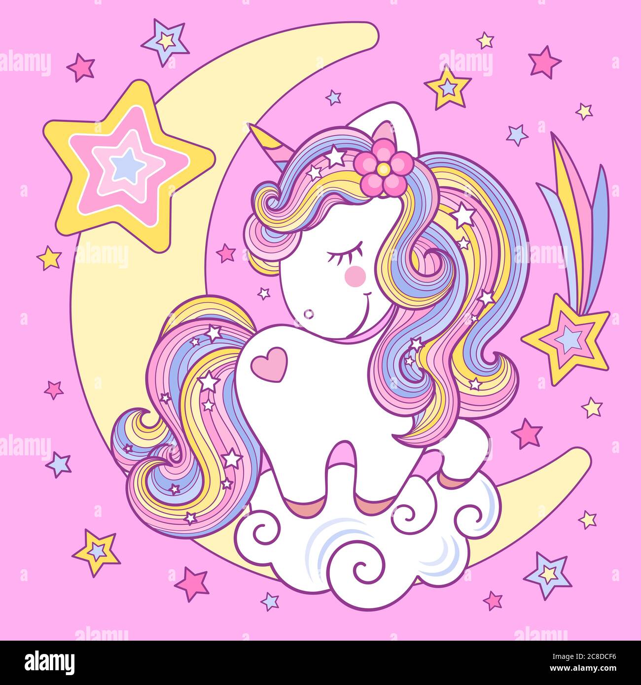Jolie licorne arc-en-ciel blanc sur la lune sur fond rose. Illustration vectorielle pour enfants. Pour les imprimés de conception, les affiches, les cartes, les autocollants, les badges, etc Illustration de Vecteur