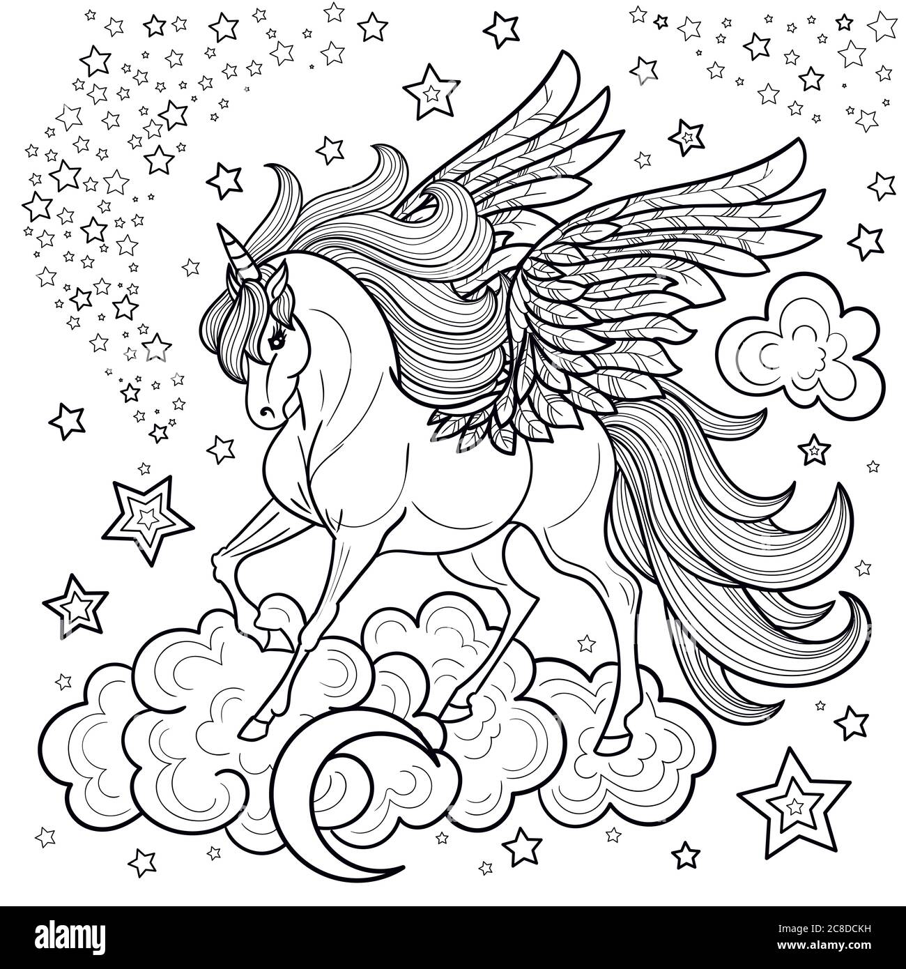 Une belle licorne parmi les étoiles et les nuages. Noir et blanc. Pour les livres à colorier, les affiches, les tirages, les cartes postales, etc. Illustration vectorielle Illustration de Vecteur