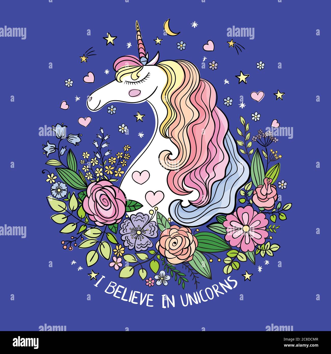 Je crois en licornes. Tête d'une belle licorne blanche parmi les fleurs sur fond bleu. Animal fantastique. Tiré à la main. Pour la conception de prin Illustration de Vecteur