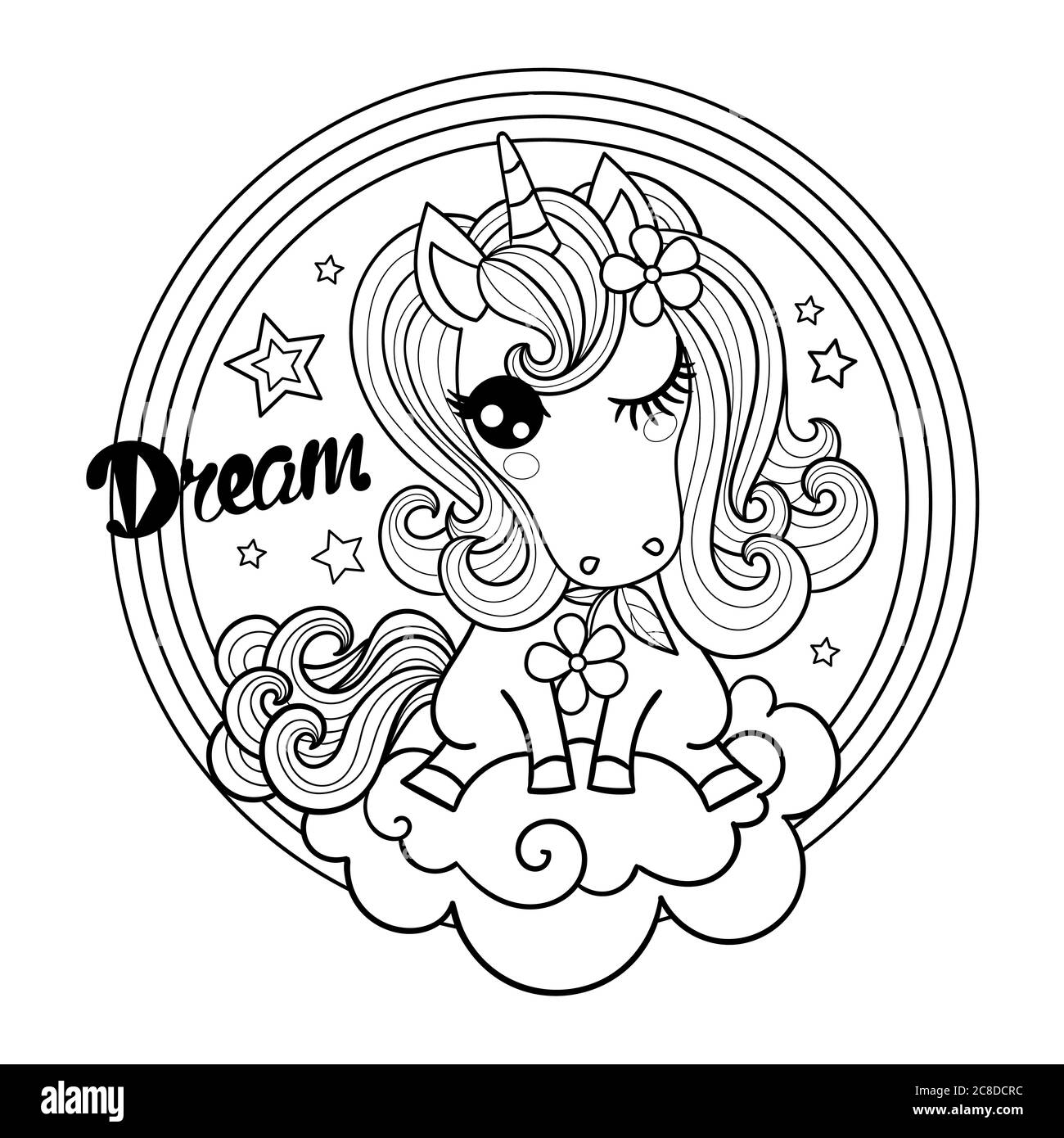 Rêve. mignonne unicorn sur un nuage. Illustration vectorielle Doodle. Cadre décoratif. Composition du cercle. Noir et blanc. Pour la conception de tirages, affiches, Illustration de Vecteur