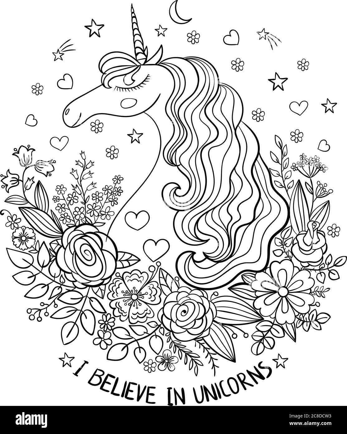 Je crois en licornes. La tête est une belle licorne parmi les fleurs. Animal fantastique. Tiré à la main. Noir et blanc. Pour la conception des tirages Illustration de Vecteur