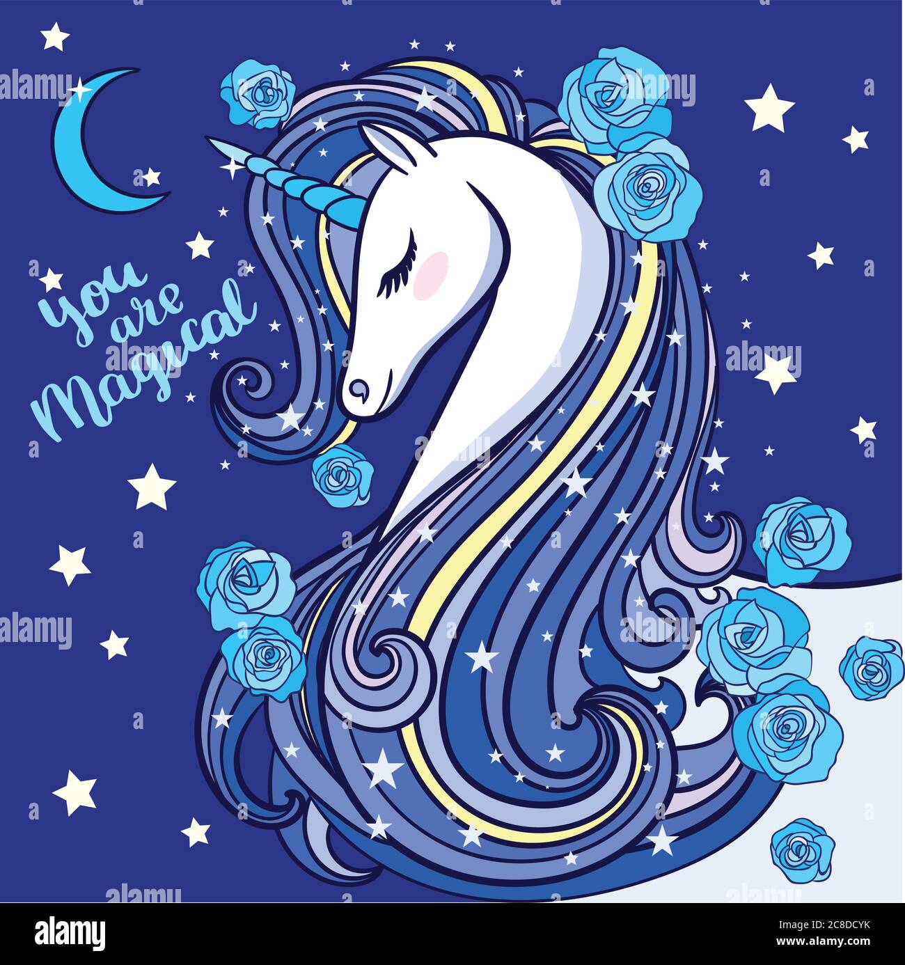 Vous êtes magique. Une belle licorne avec une longue minière, sur fond bleu. Illustration vectorielle Illustration de Vecteur