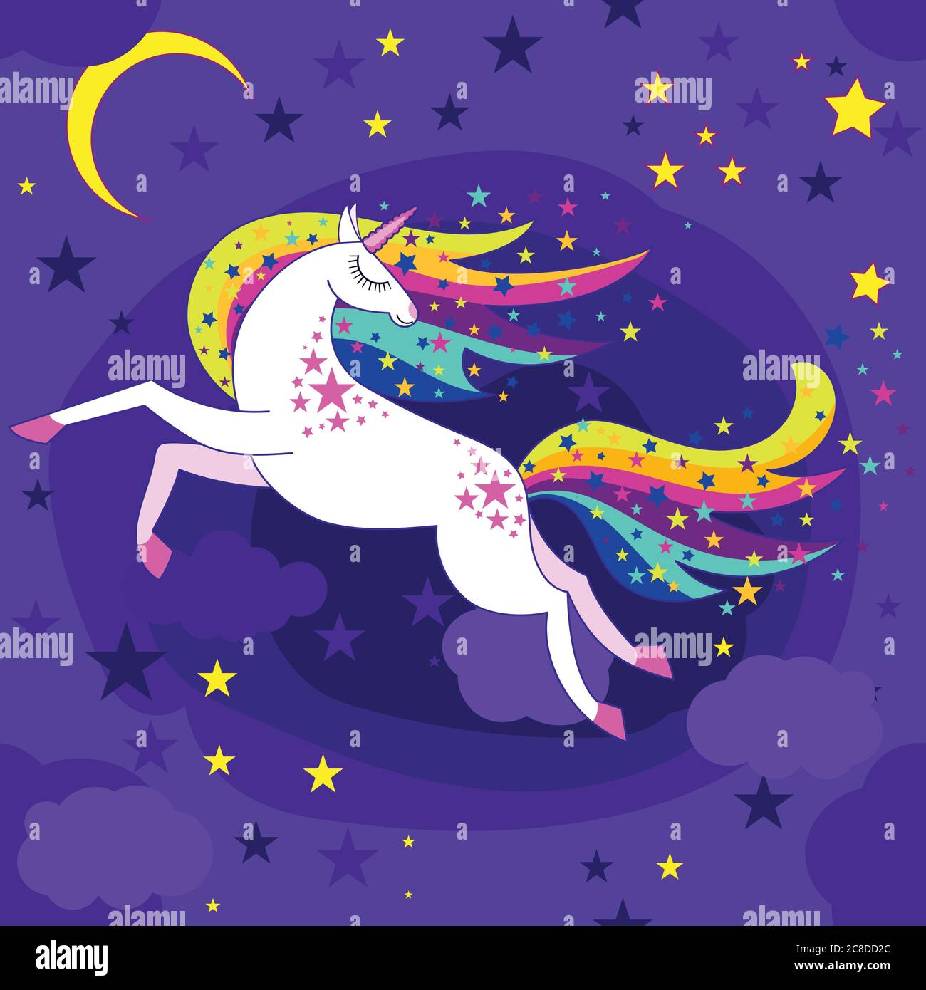 Une belle licorne avec une forme arc-en-ciel. Animal fantaisie. Pour la conception de tirages, affiches, cartes, autocollants, badges, etc. Vector Illustration de Vecteur