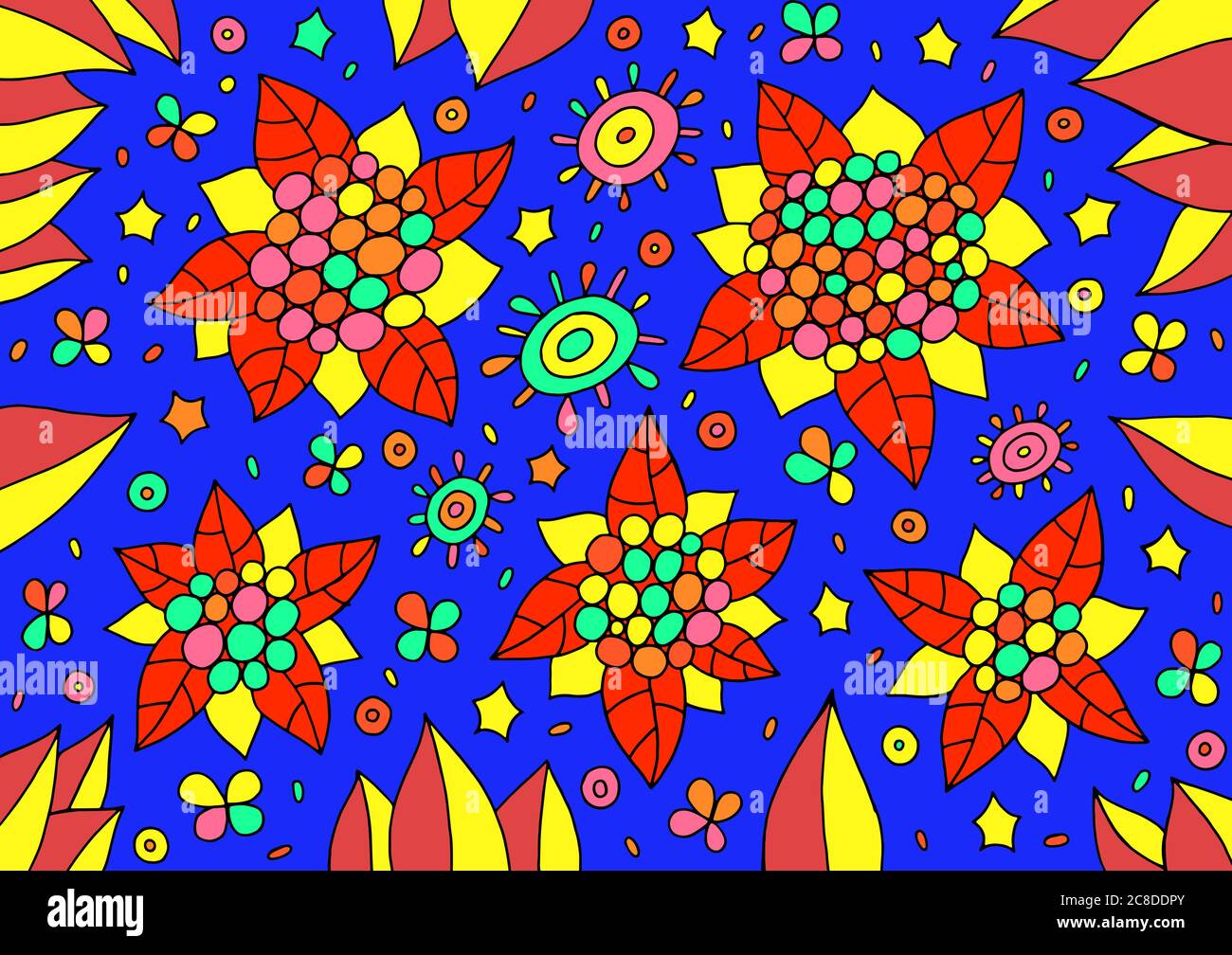 Décoration fleurie Doodle. Fleurs et feuilles abstraites colorées. Style artistique naïf caricatural. Illustration vectorielle. Illustration de Vecteur