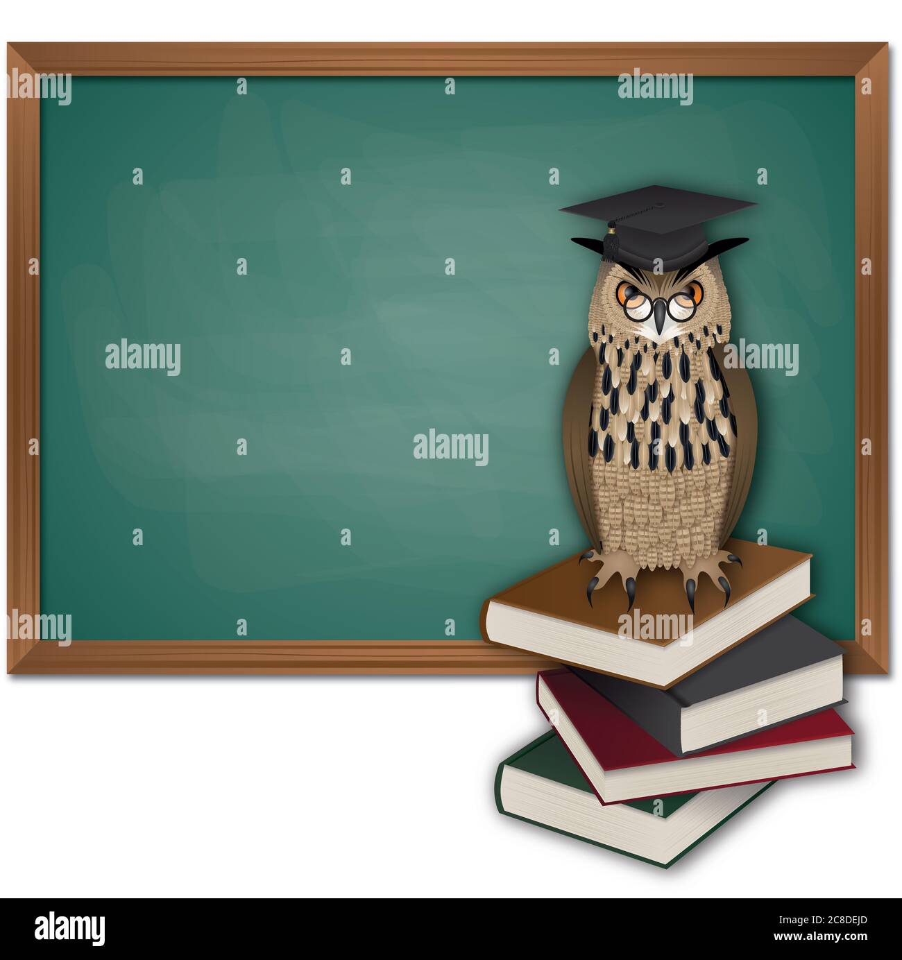 Hibou enseignant avec chapeau de graduation sur la pile de livres et tableau noir Banque D'Images