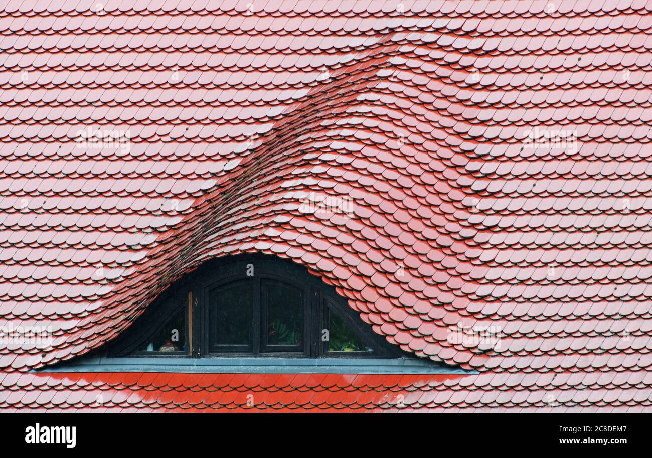 15 juillet 2020, Brandebourg, Stahnsdorf/OT Güterfelde : le dormeur d'un toit presbytère qui brille de la pluie. La forme incurvée a une transition fluide entre le toit et le dormeur. Photo: Soeren Stache/dpa-Zentralbild/ZB Banque D'Images