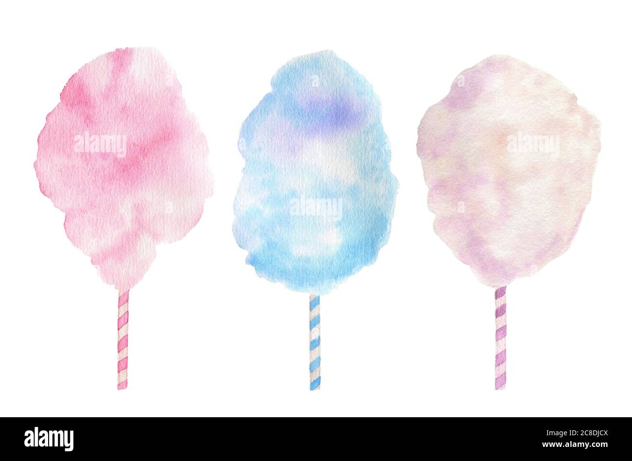 Ensemble de bonbons en coton à la vanille, à la menthe bleue et à la fraise rose Banque D'Images