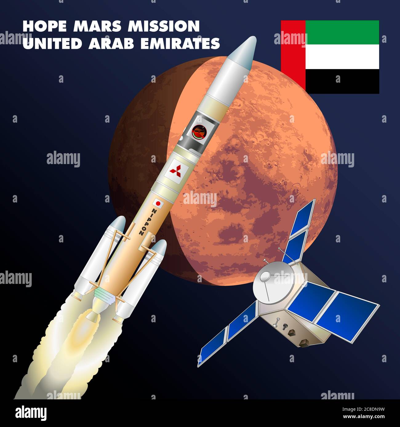 Tanegashima, Japon, 21 juillet 2020 - lancement de la sonde Amal de l'agence spatiale des Émirats arabes Unis pour la mission de recherche planète Mars, illustration graphique Banque D'Images