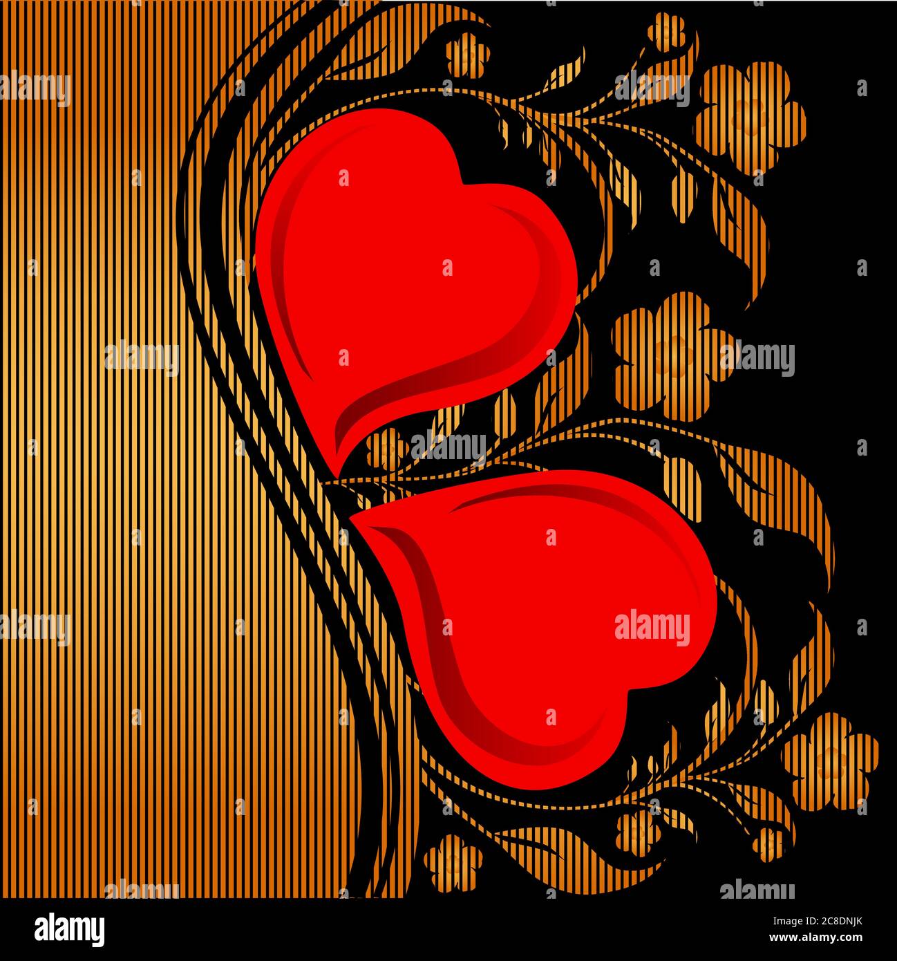 illustration vectorielle d'un ornement floral doré à rayures avec deux coeurs Illustration de Vecteur