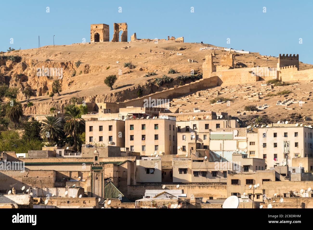 Maroc, Fès, Médina maisons avec des tombes Marinid en arrière-plan Banque D'Images
