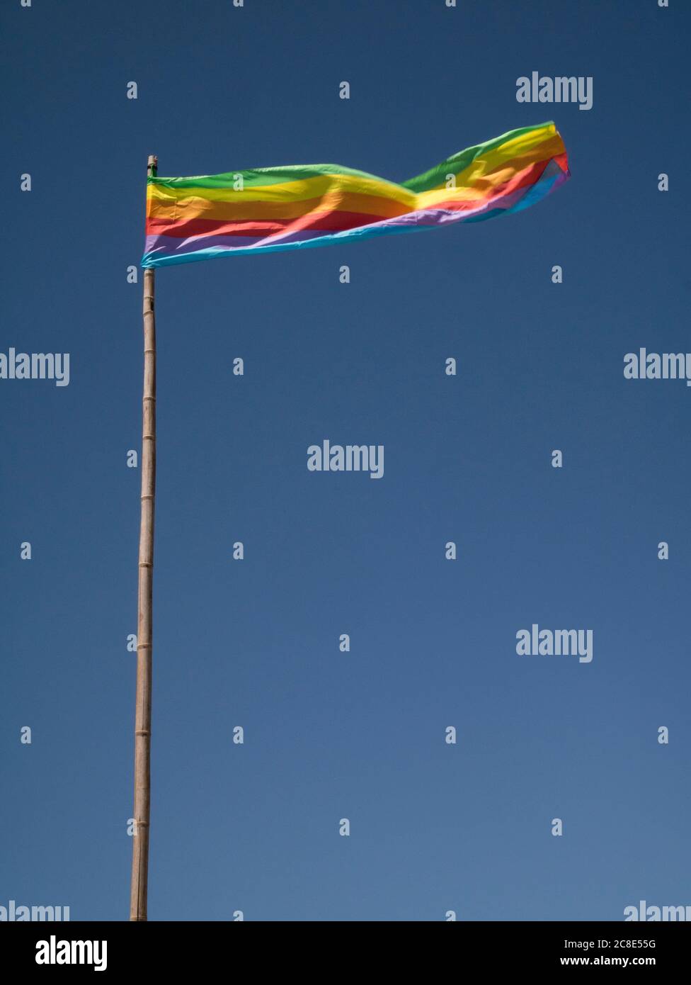 Le drapeau arc-en-ciel flotte contre le ciel Banque D'Images