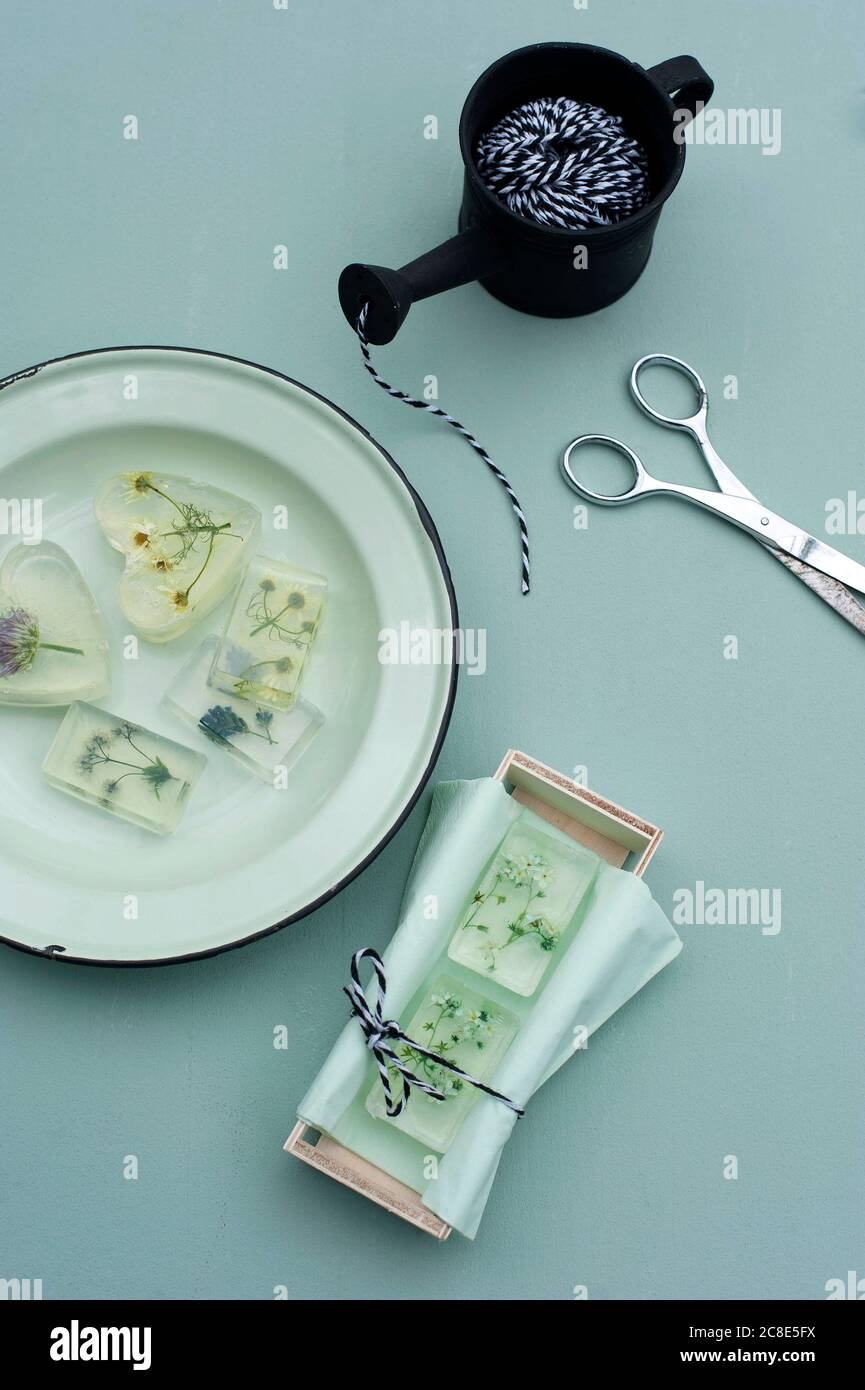 Diverses fleurs sauvages sont moulées dans des barres transparentes de savons à la glycérine Banque D'Images