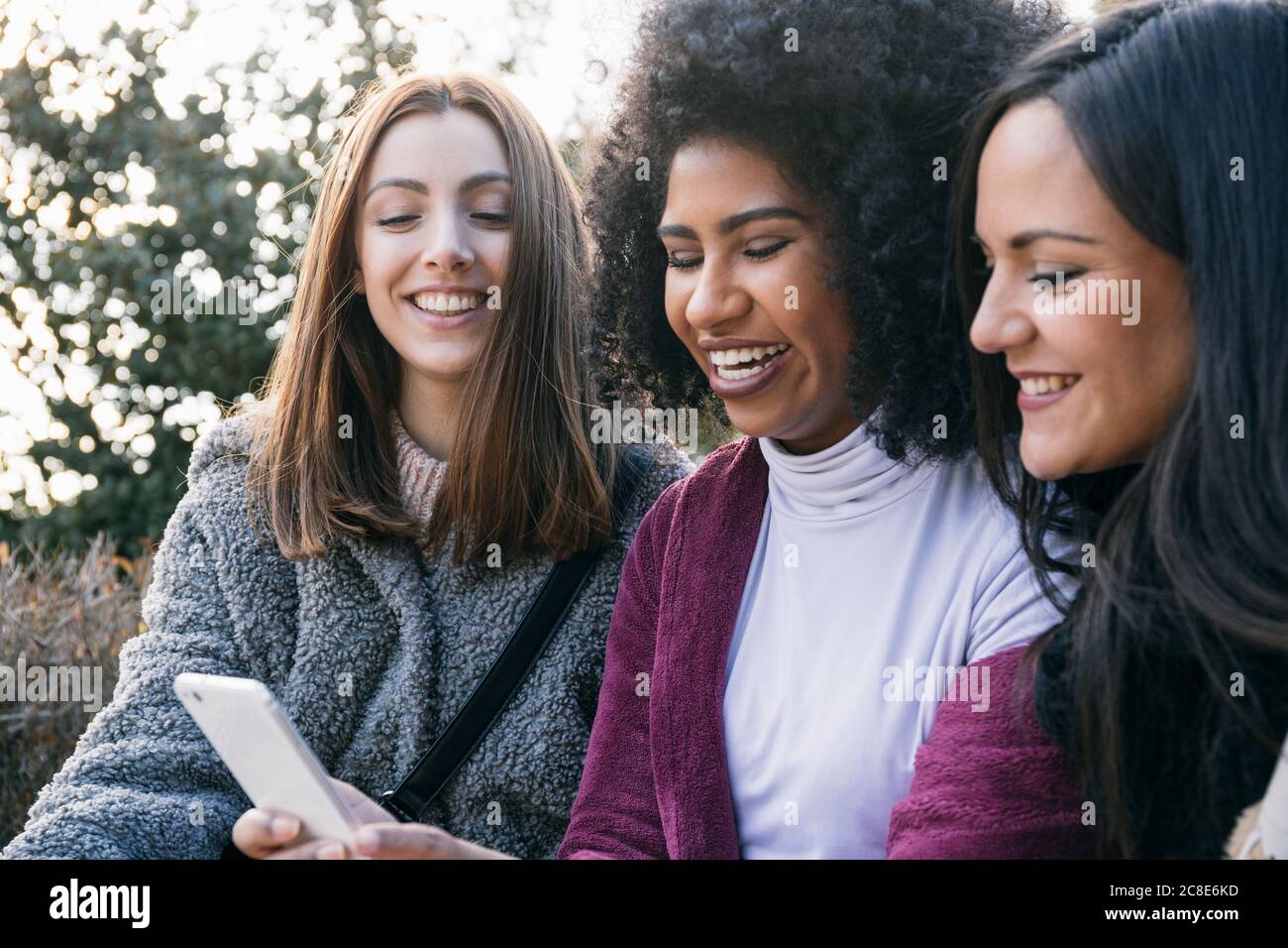 Jeune femme joyeuse montrant le smartphone à des amis pendant assis dans le parc Banque D'Images