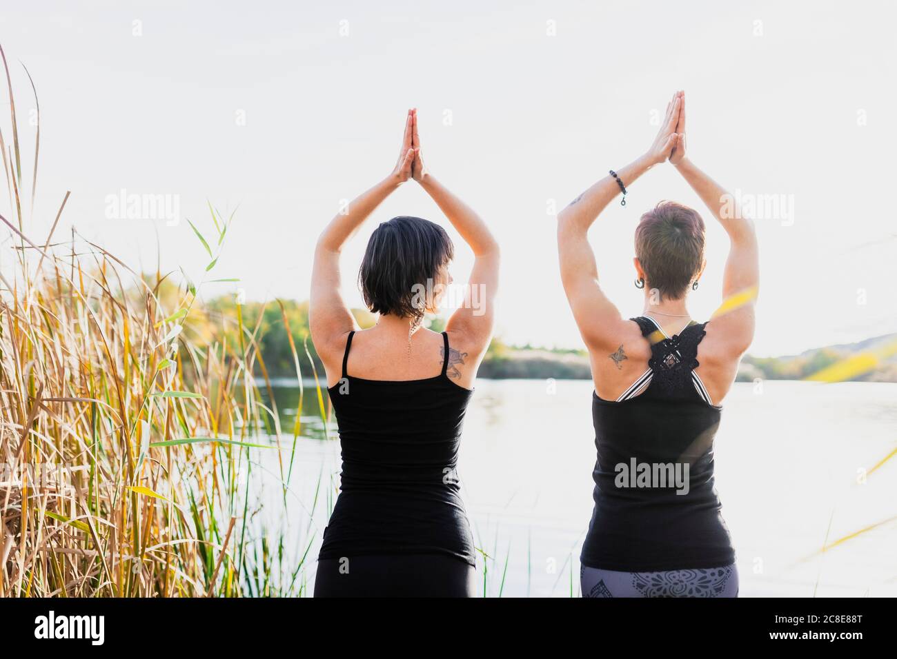 Amis femelles avec les bras élevés s'exerçant par lac contre clair ciel Banque D'Images