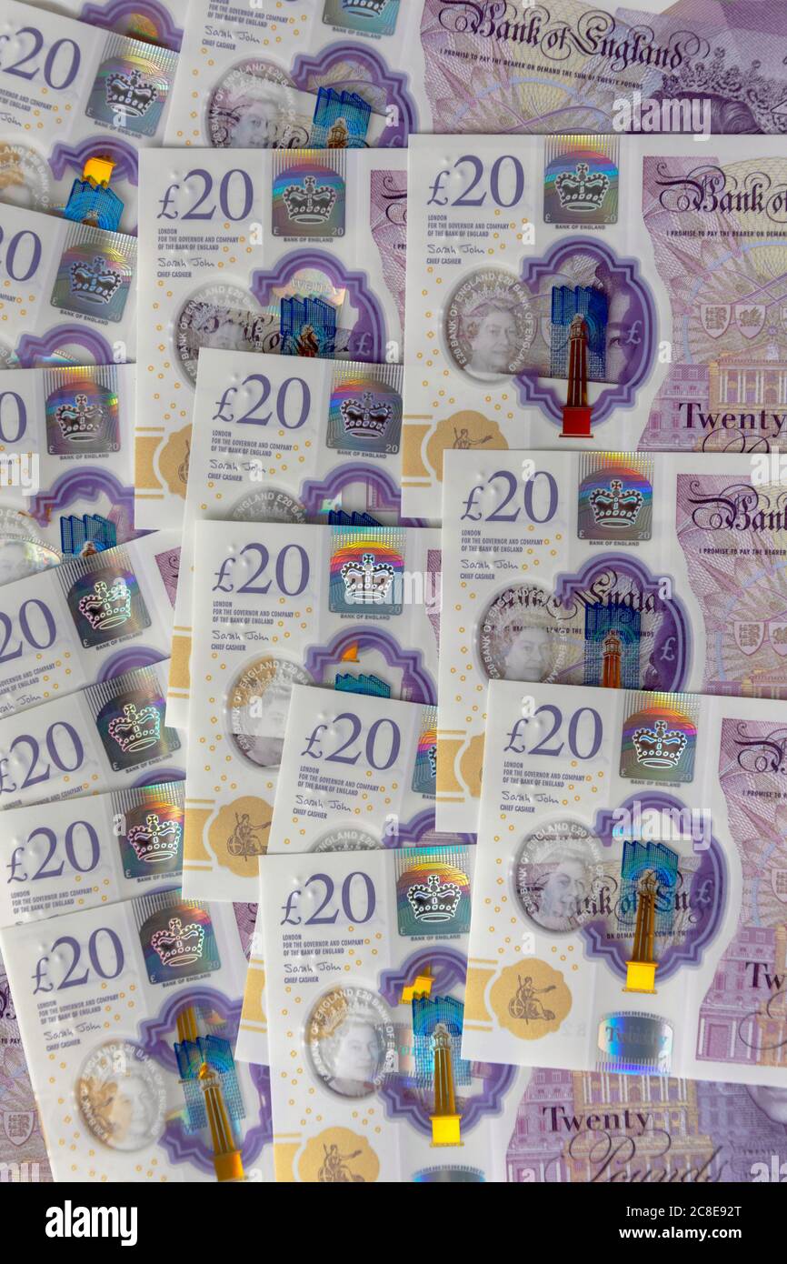 Gros plan du nouvel anglais £20 notes, Greater London, Angleterre, Royaume-Uni Banque D'Images