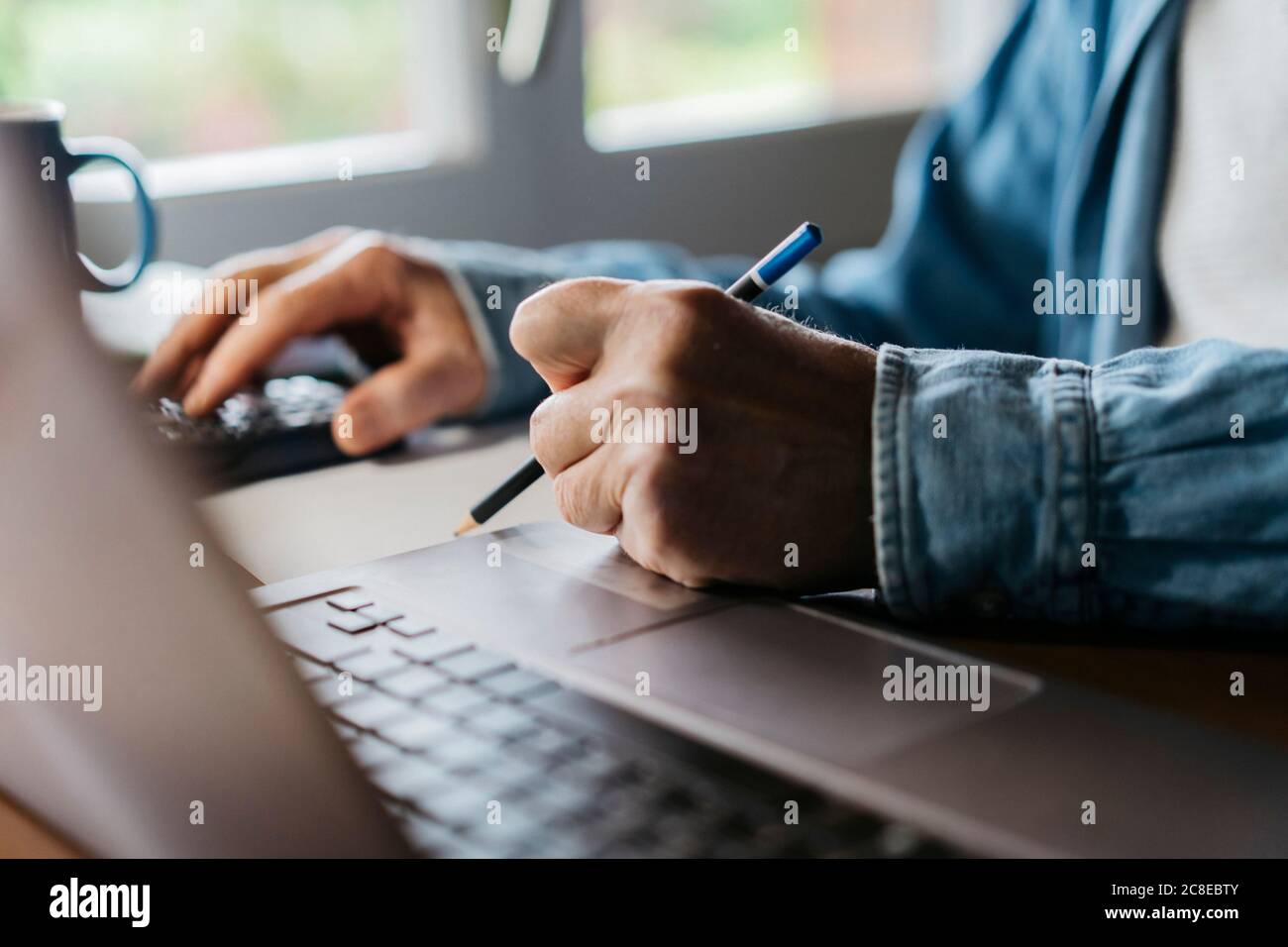 Image rognée d'un homme âgé à l'aide d'une calculatrice et d'un ordinateur portable écrire avec un crayon à la maison Banque D'Images