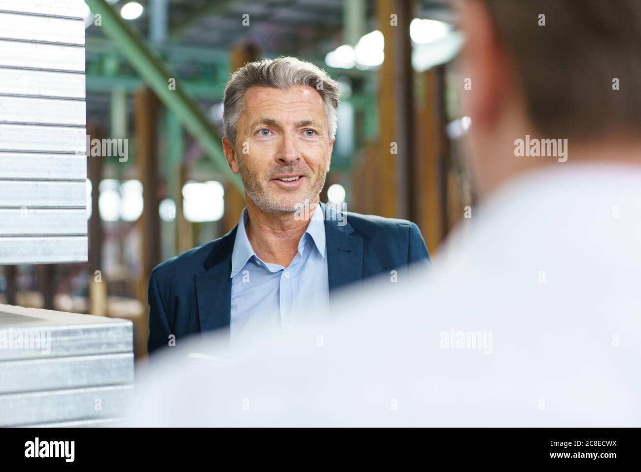 Homme d'affaires parlant à un employé dans une usine Banque D'Images