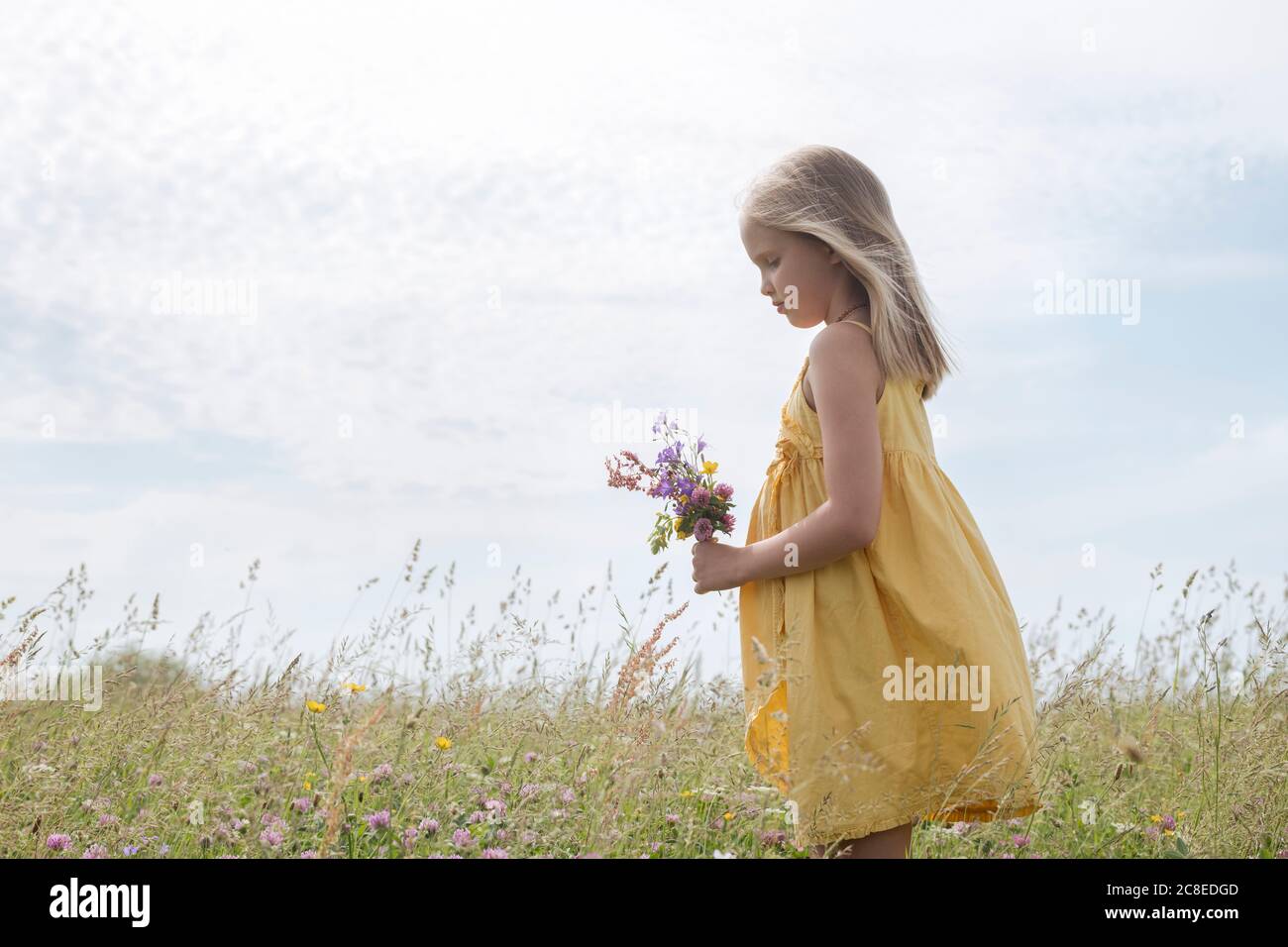 Petite fille blonde portant une robe jaune debout sur un pré avec bouquet de fleurs cueillies Banque D'Images