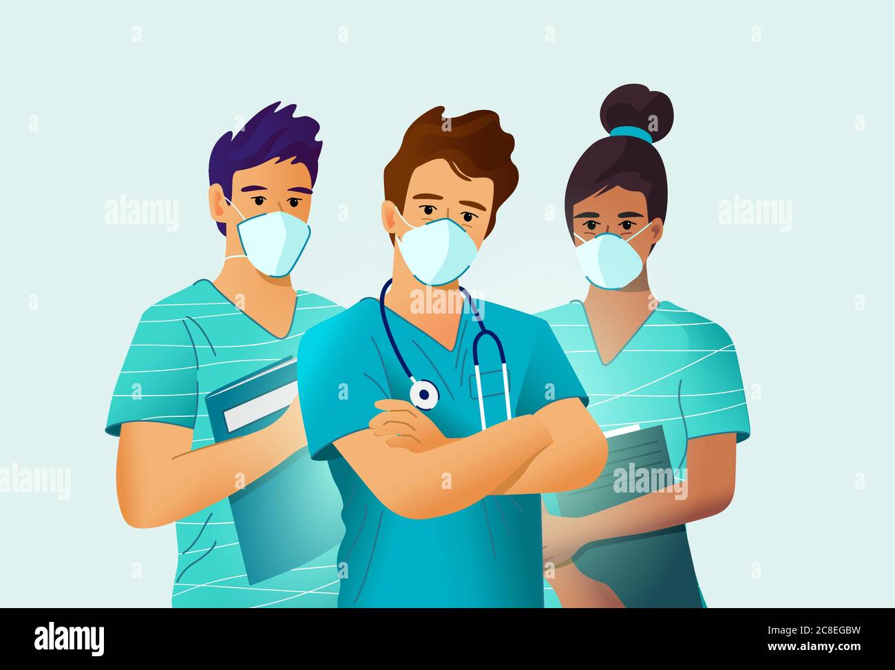 Principaux travailleurs médicaux, infirmières et médecins, portant des masques. Illustration de personnes vectorielles. Illustration de Vecteur