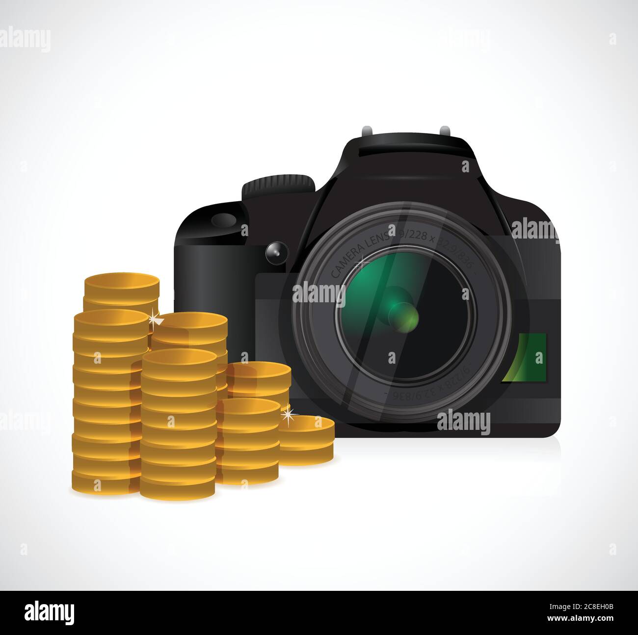 Pièces de monnaie et illustration de caméra sur fond blanc Illustration de Vecteur