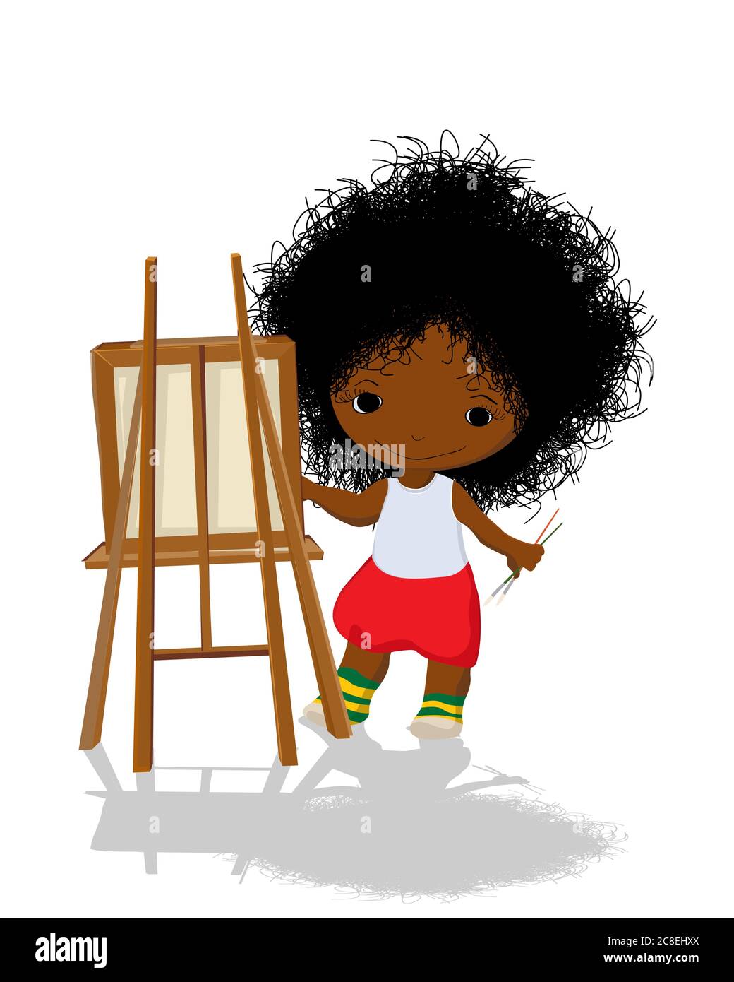 Petite fille artiste avec chevalet et pinceaux, vecteur isolé sur blanc Illustration de Vecteur