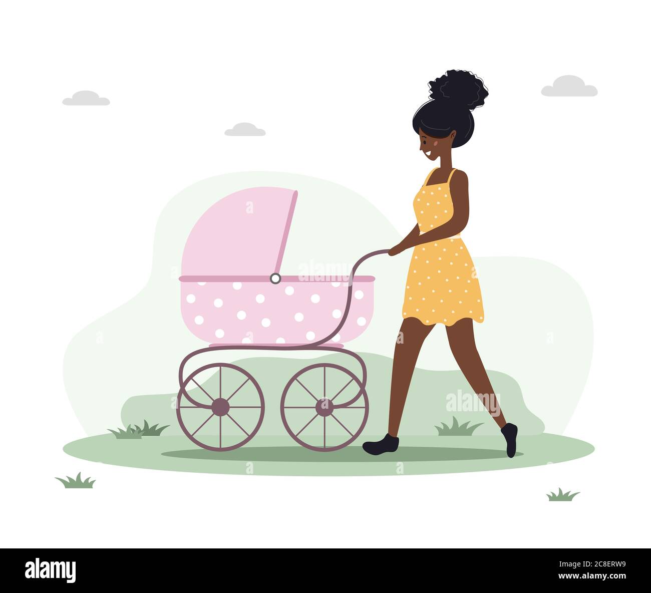 Jeune femme marchant avec son nouveau-né dans un pram. Fille sur une promenade avec une poussette et un bébé dans la nature en plein air. Illustrations vectorielles dans Illustration de Vecteur