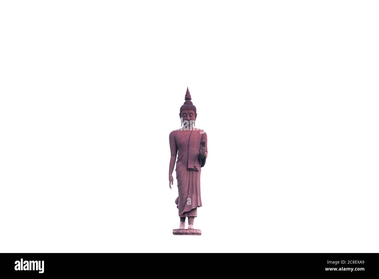 Une image isolée avec fond blanc d'une statue de Bouddha debout en marbre. Les images de Bouddha sont un symbole important du bouddhisme. Banque D'Images