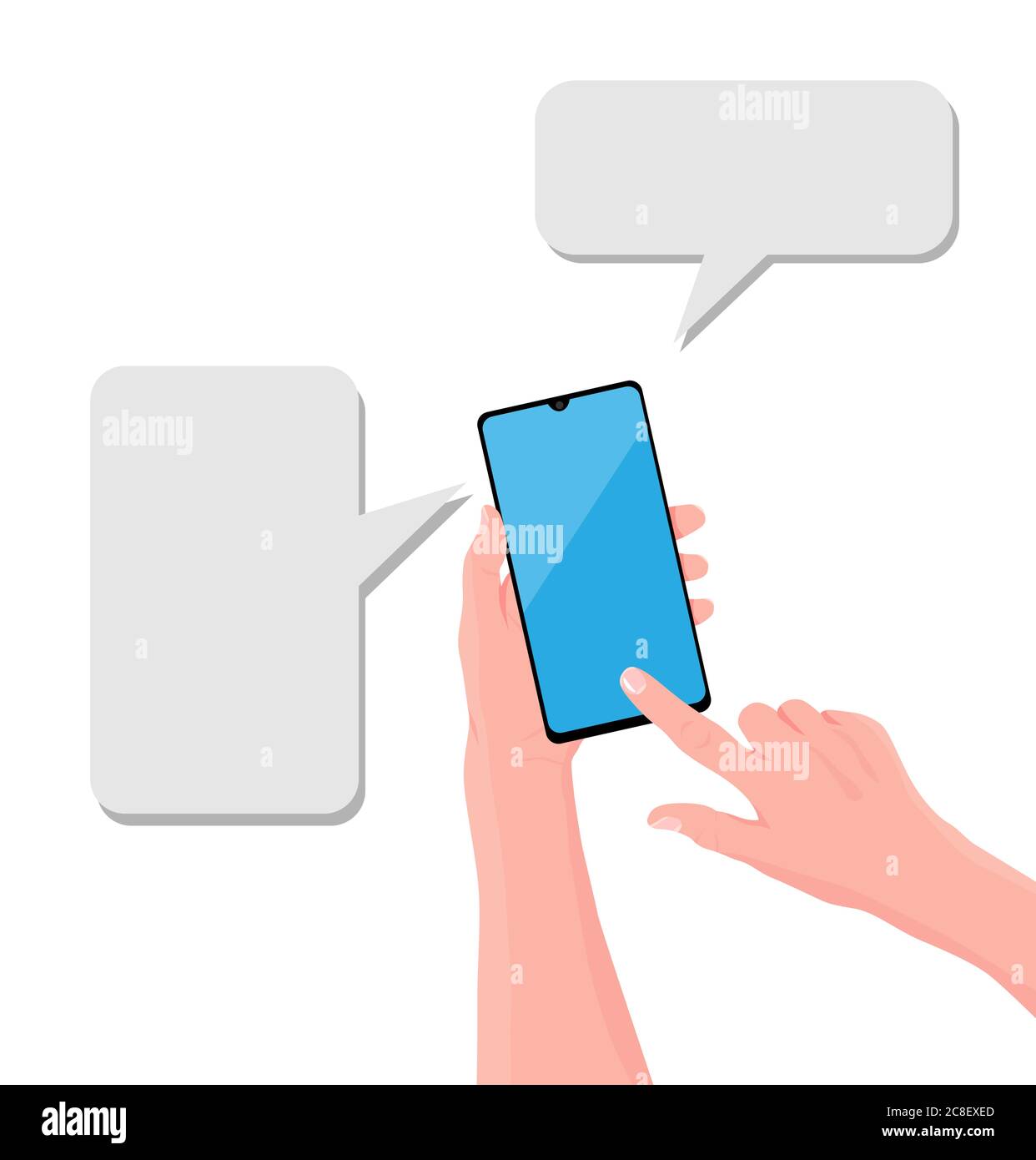 Téléphone portable dans la main. Main tient le smartphone noir. Toucher l'écran avec le doigt. Espace de copie des bulles de parole. Illustration vectorielle, fond blanc Illustration de Vecteur