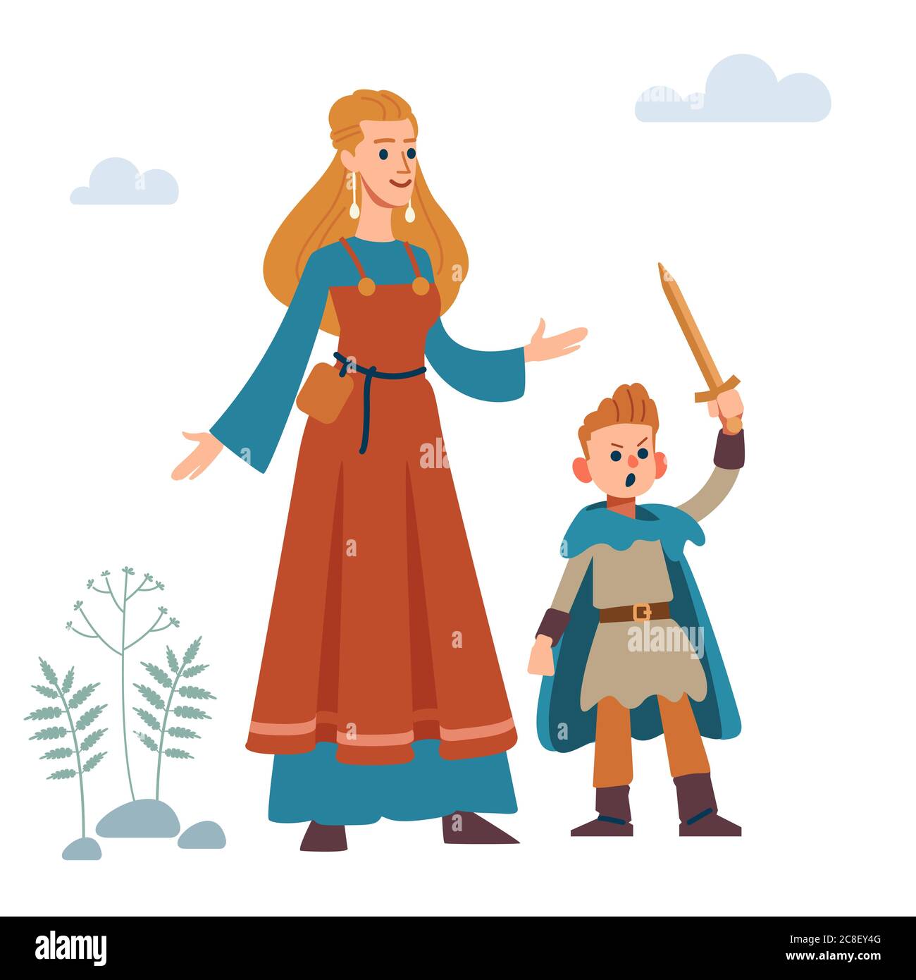 Femme viking. Famille viking médiévale historique. Mère et fils. Vecteur isolé sur fond blanc. Style plat. Illustration de Vecteur