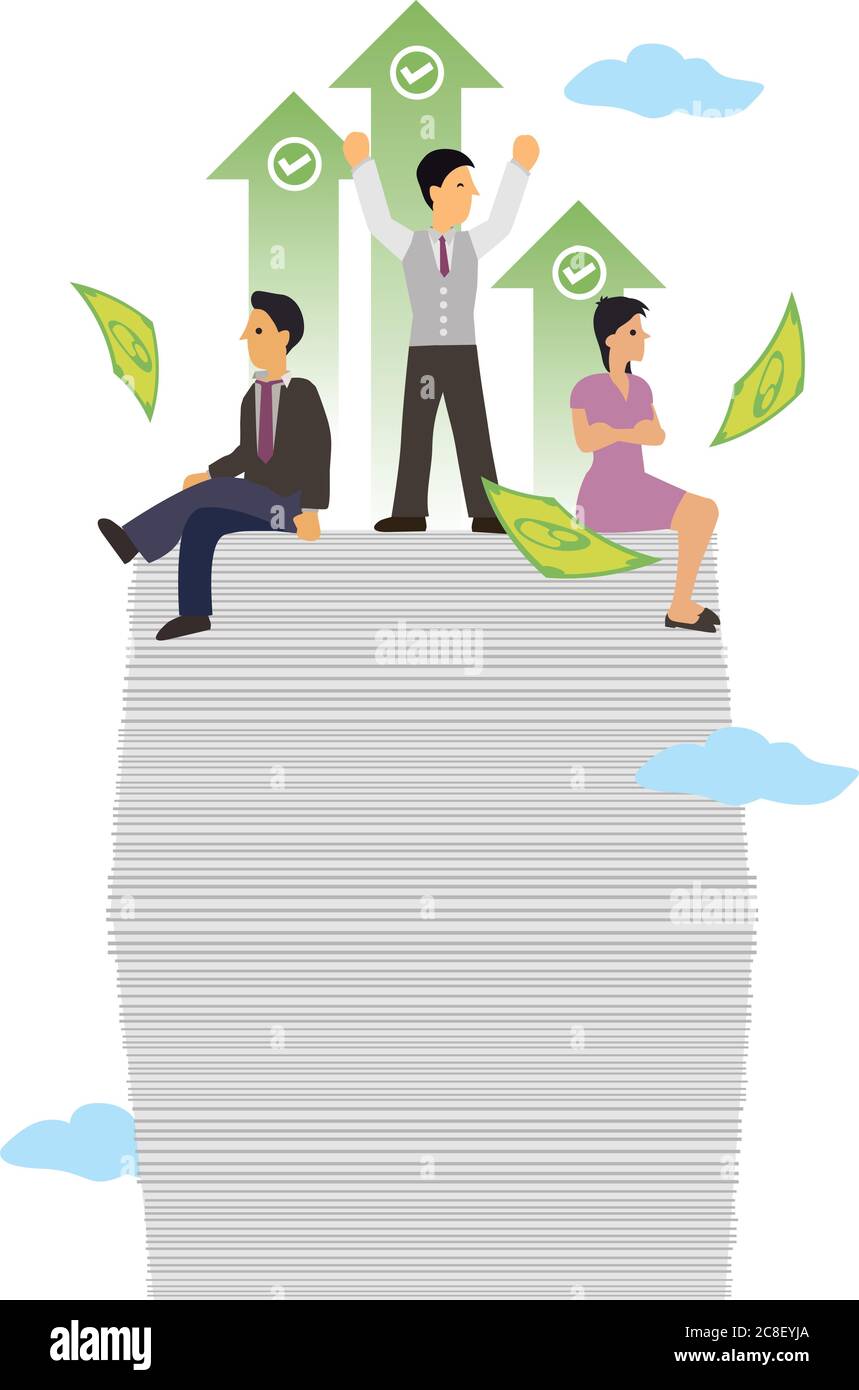 Des hommes d'affaires en plus des documents. Concept de réussite d'affaires, de croissance des bénéfices de l'entreprise ou de gain d'investissement. Illustration du vecteur de caractère de dessin animé plat Illustration de Vecteur