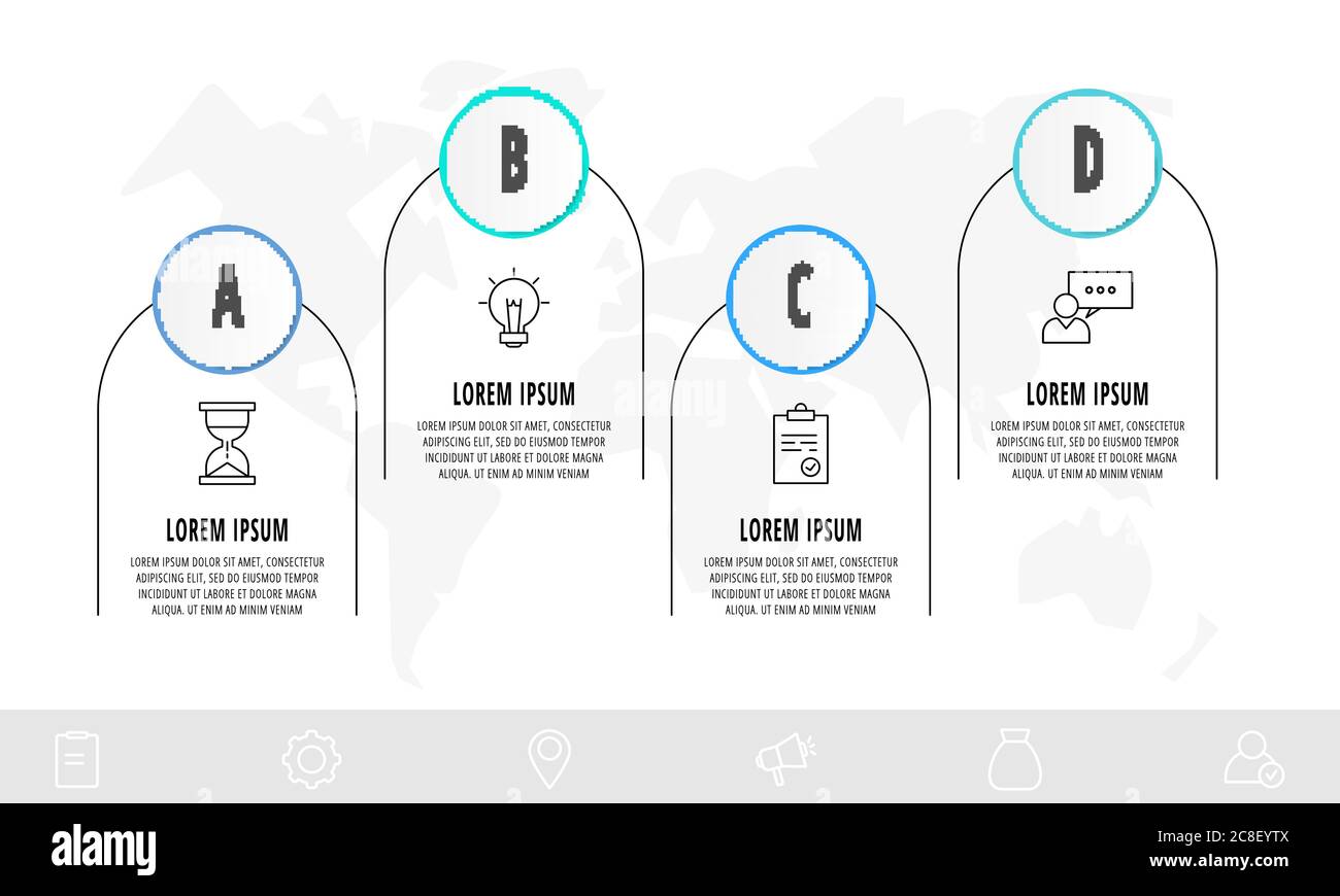 Cercles infographiques avec 4 étapes, étiquettes. Modèle de vecteur de ligne. Peut être utilisé pour les diagrammes, les activités, la présentation de flux de travail, les présentations, les diagrammes de flux, les informations Illustration de Vecteur
