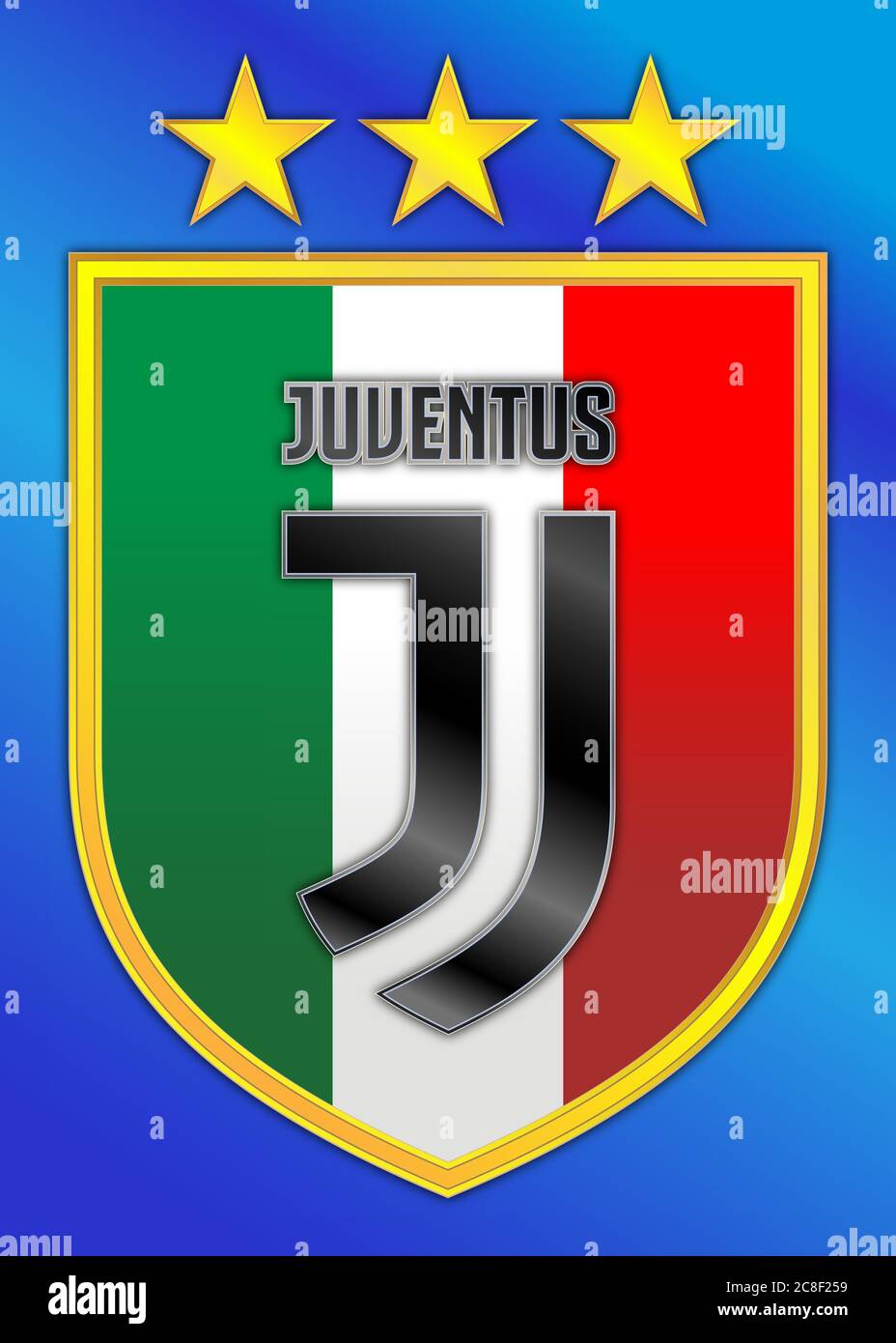 Italie, championnat de football 2019-2020, champion d'italie de Juventus, logo de l'équipe sur l'écusson et trois étoiles dorées, illustration graphique Illustration de Vecteur