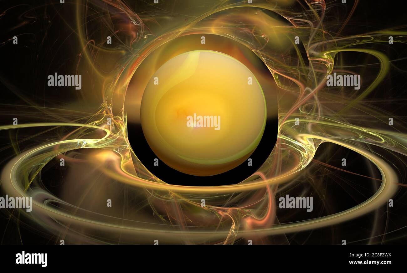 Planète 3D jaune fractale abstraite parmi les éclairs d'énergie sur fond noir Banque D'Images