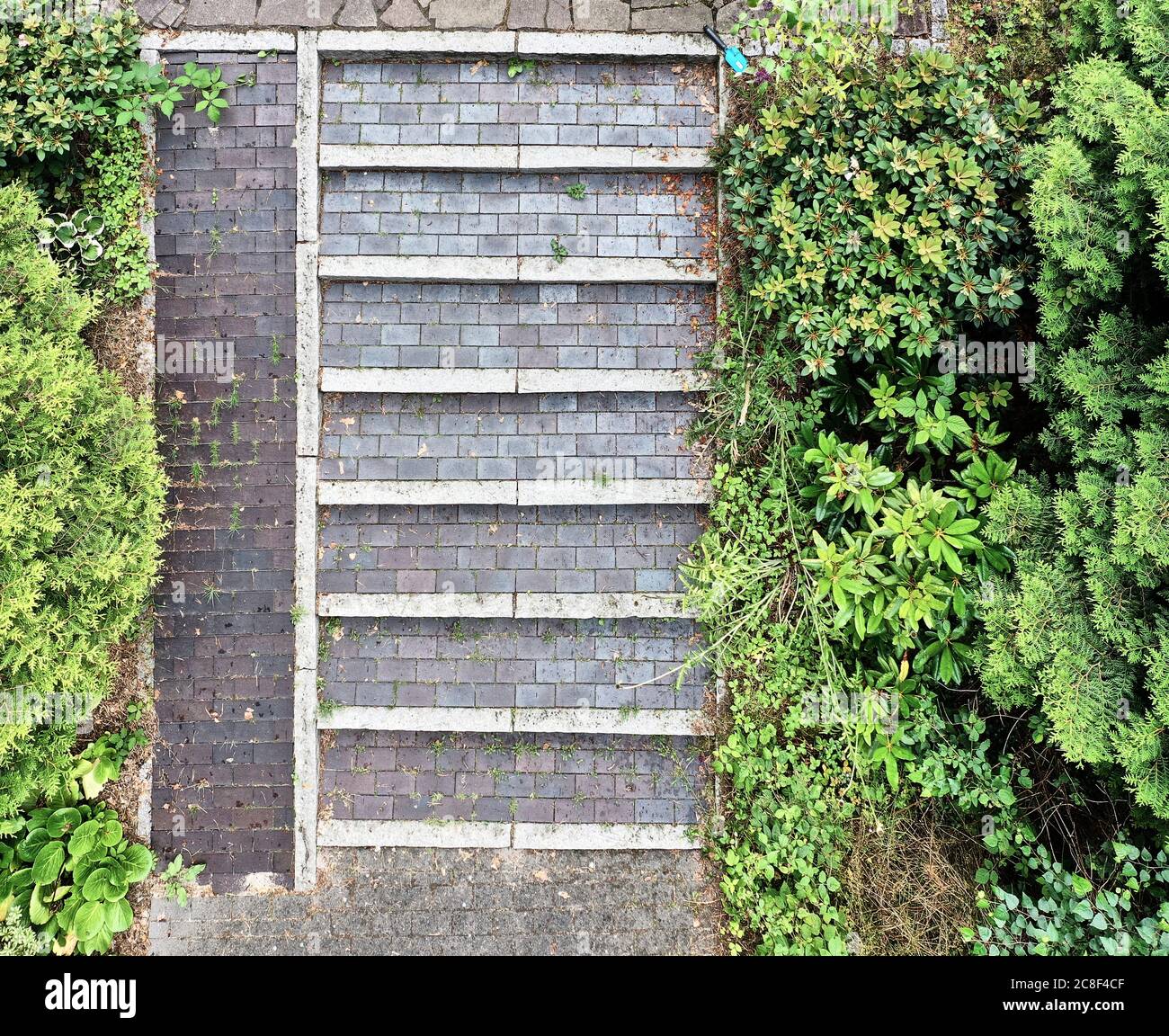 Vue aérienne abstraite d'un escalier et d'une rampe en pierre à côté d'un remblai densément surcultivé avec des buissons verts Banque D'Images